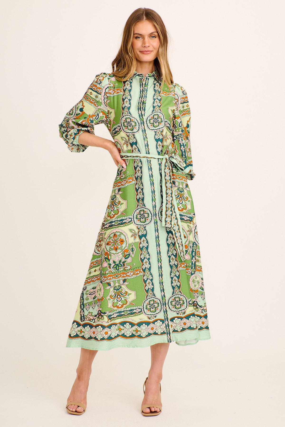 Aurelina Maxi Shirt Dress in Green Multi Print