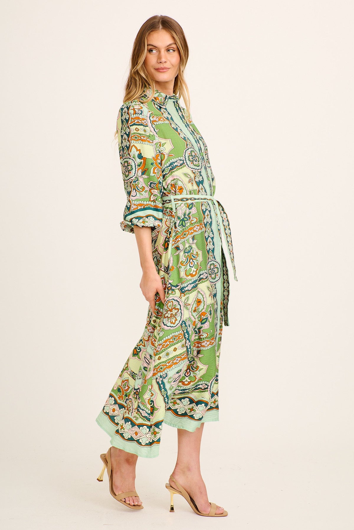 Aurelina Maxi Shirt Dress in Green Multi Print