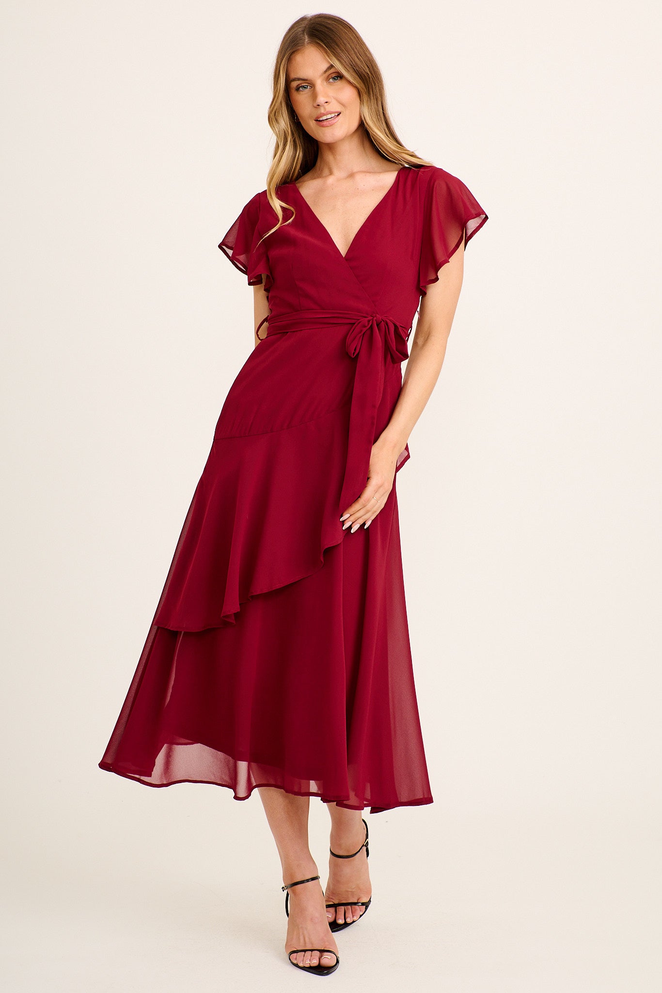 Ariel Midi Dress in Wine Chiffon