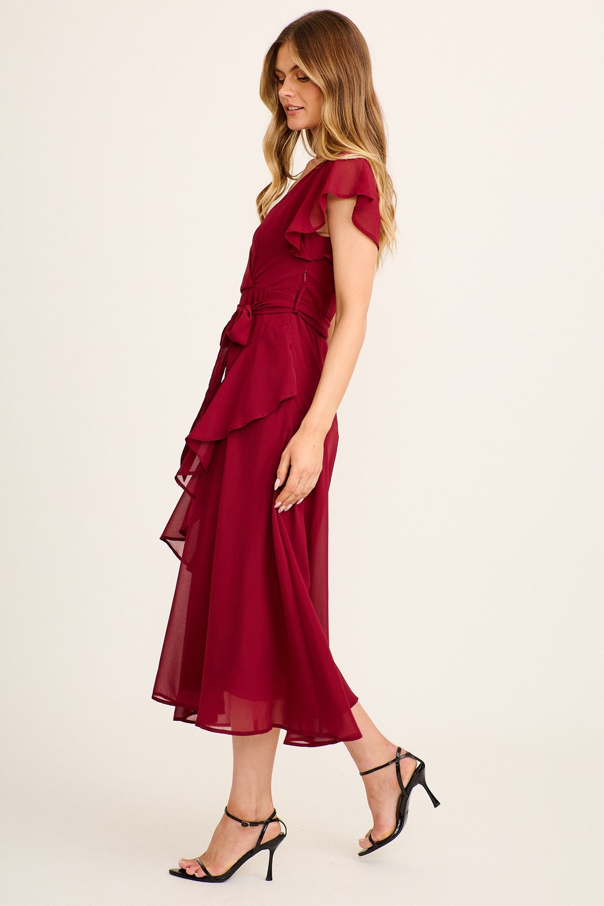 Ariel Midi Dress in Wine Chiffon