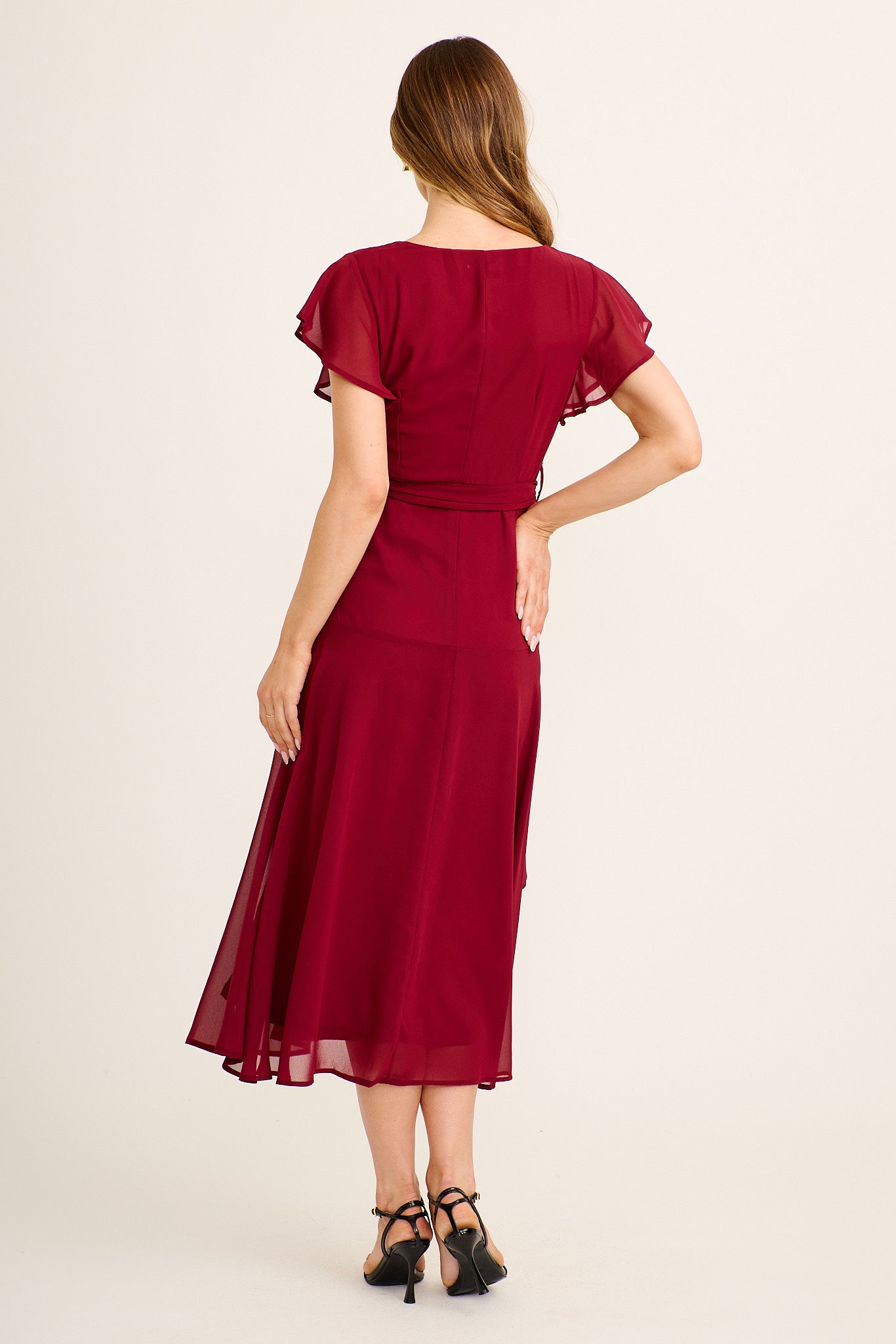 Ariel Midi Dress in Wine Chiffon