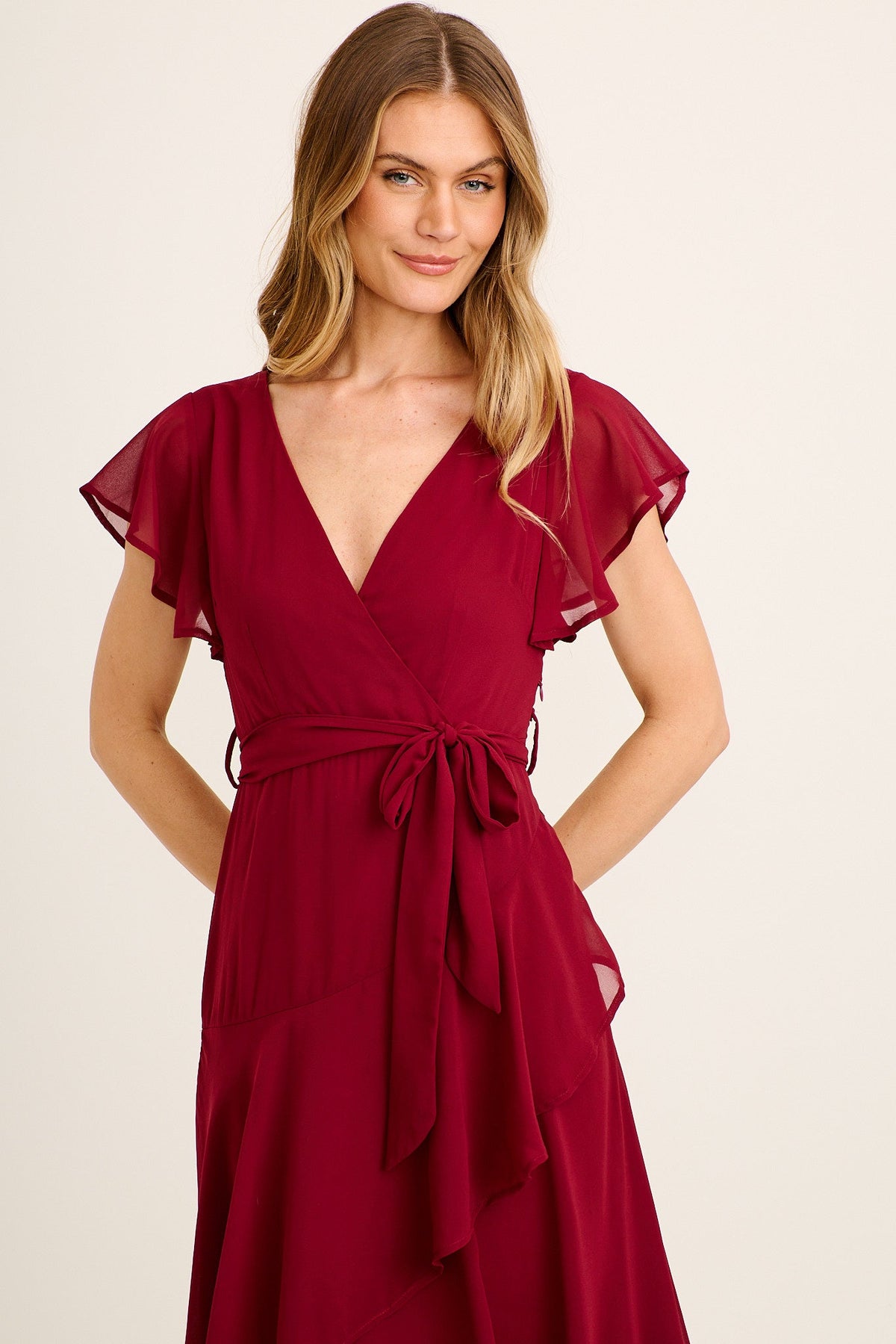 Ariel Midi Dress in Wine Chiffon