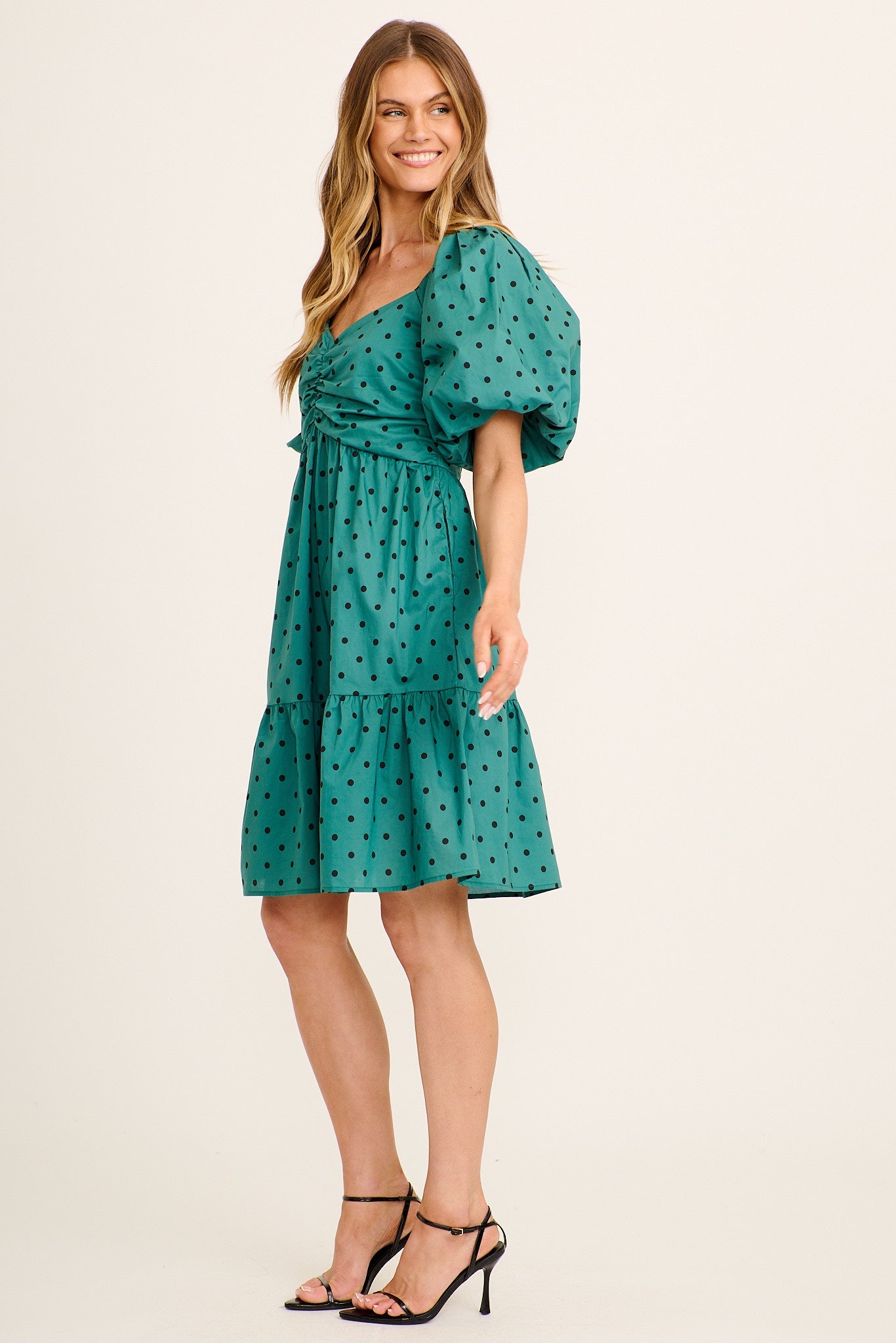 Azaria Dress in Emerald with Black Polka Dot