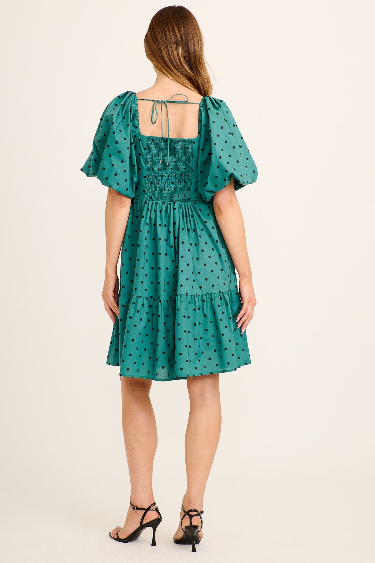 Azaria Dress in Emerald with Black Polka Dot