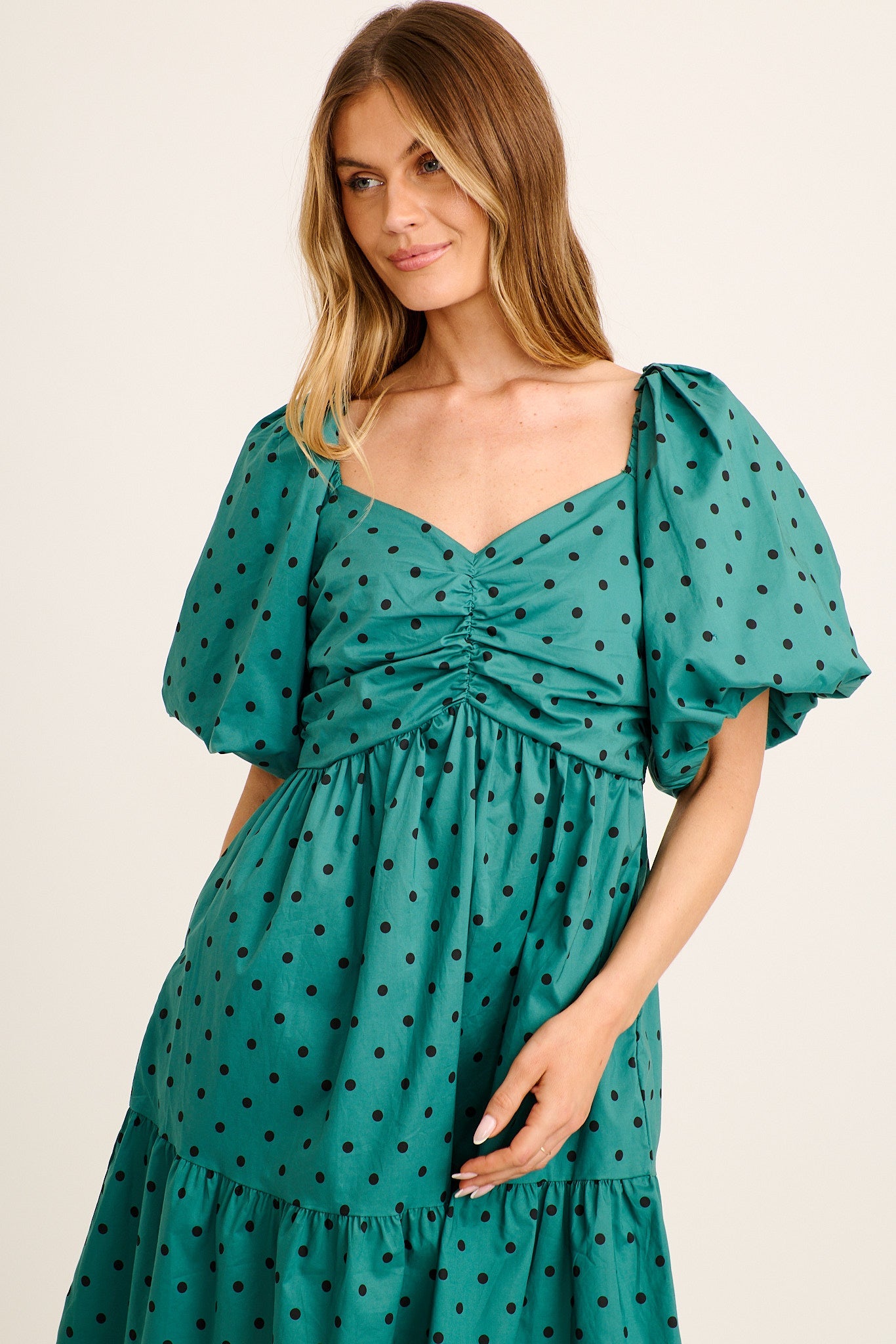 Azaria Dress in Emerald with Black Polka Dot