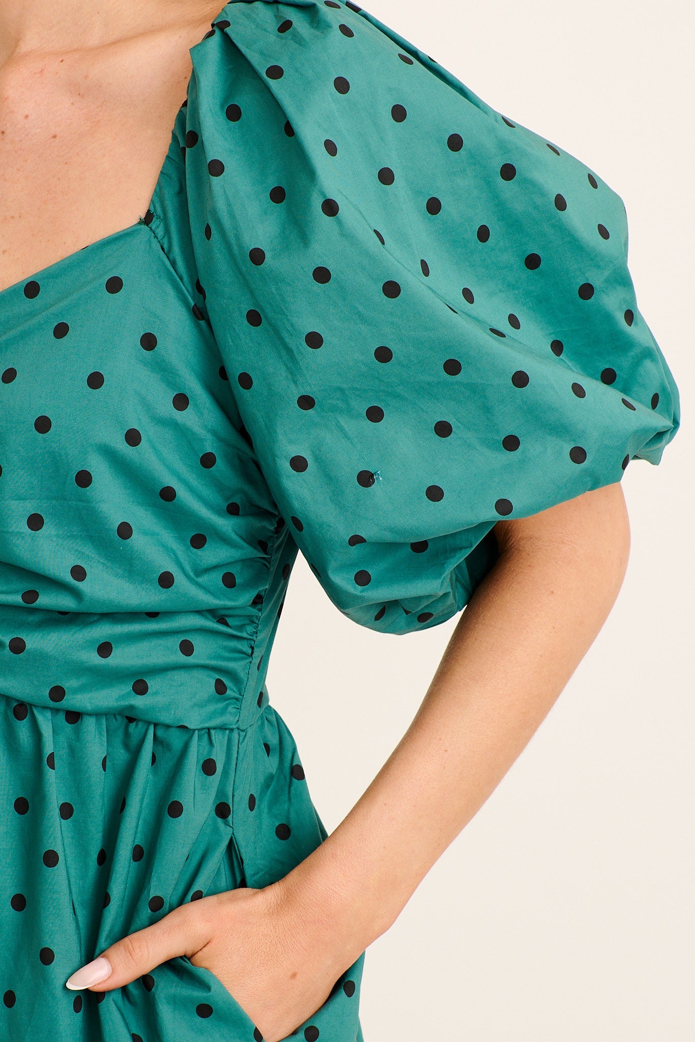 Azaria Dress in Emerald with Black Polka Dot