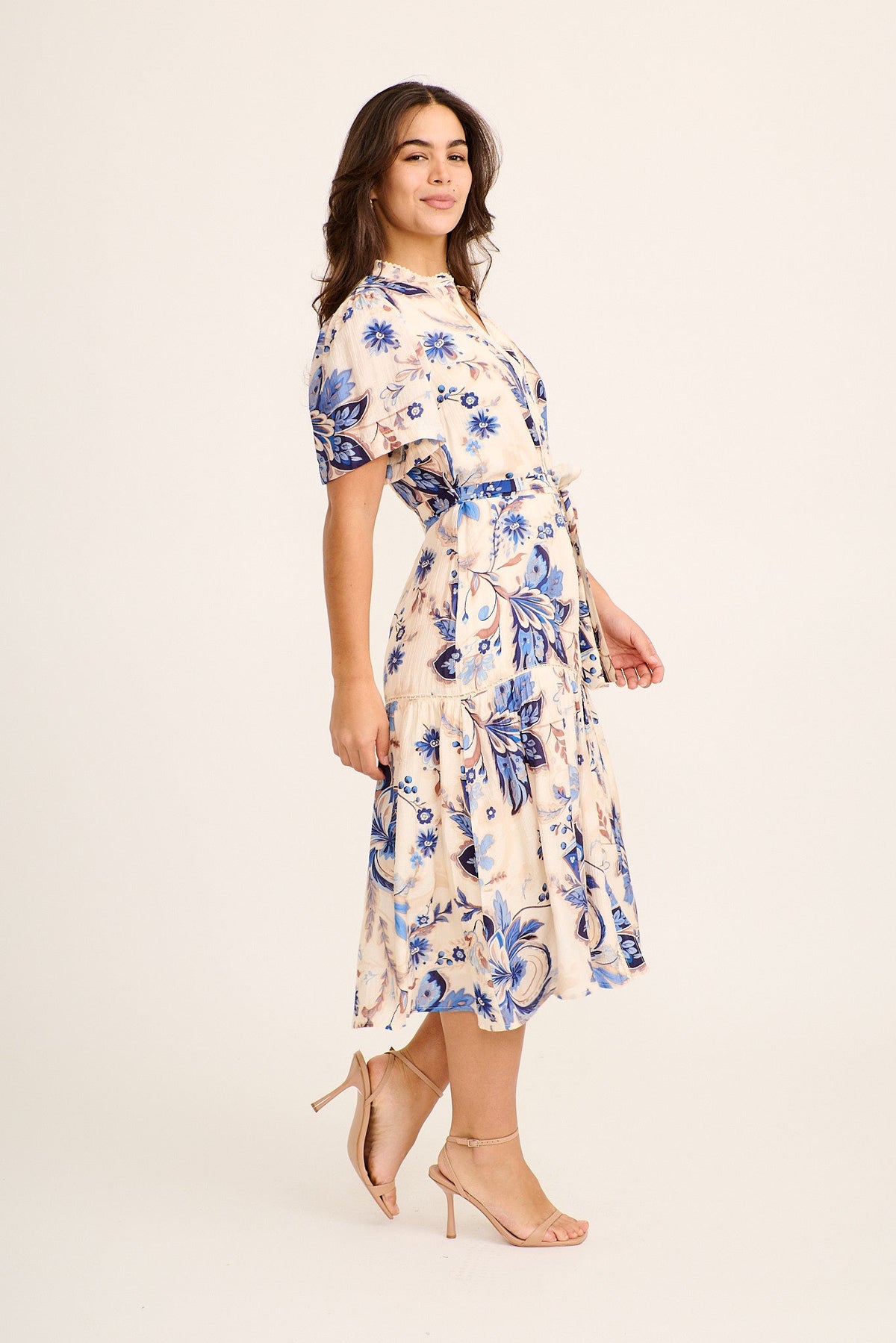 Brise Midi Dress in Cream with Blue Floral