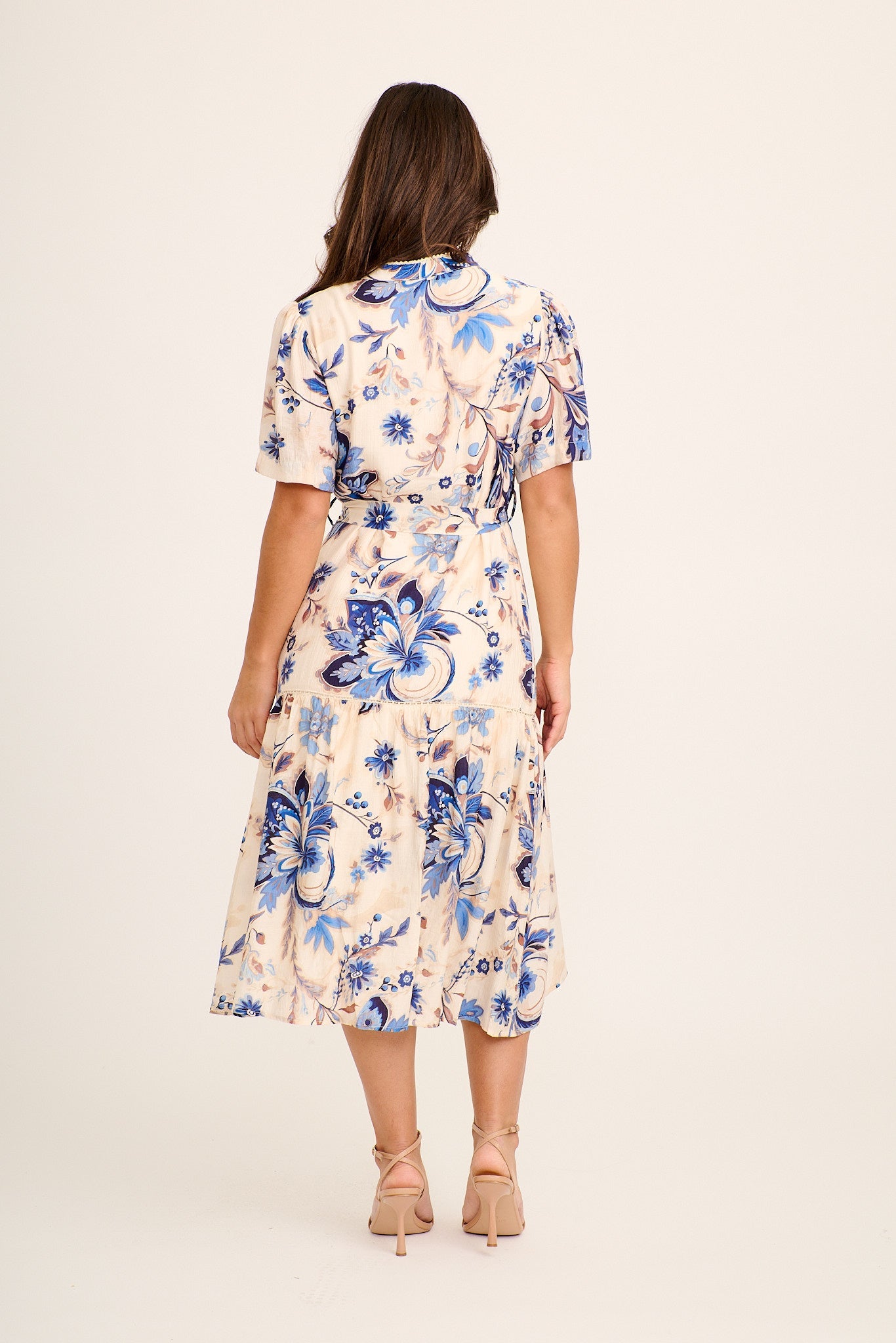 Brise Midi Dress in Cream with Blue Floral