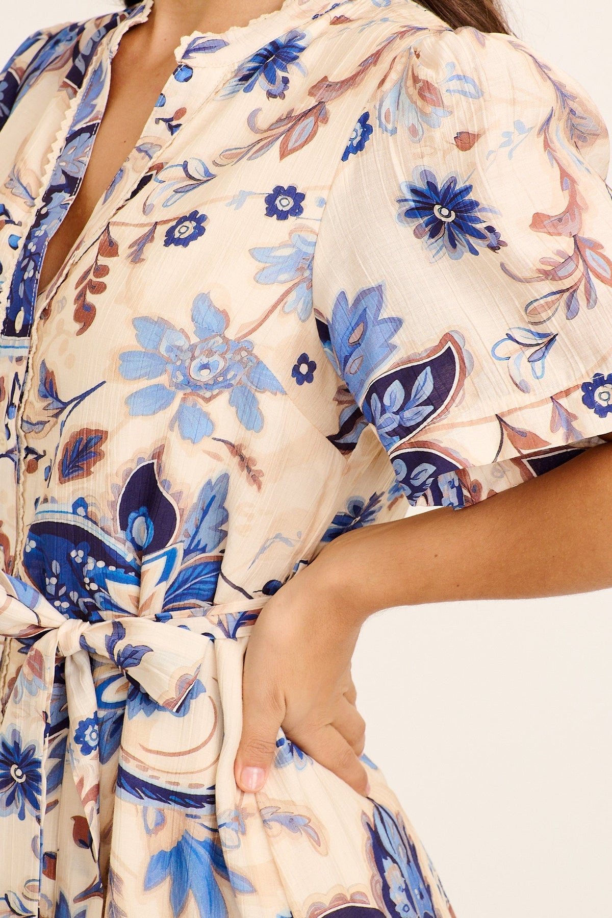 Alora Dress in Cream with Blue Floral
