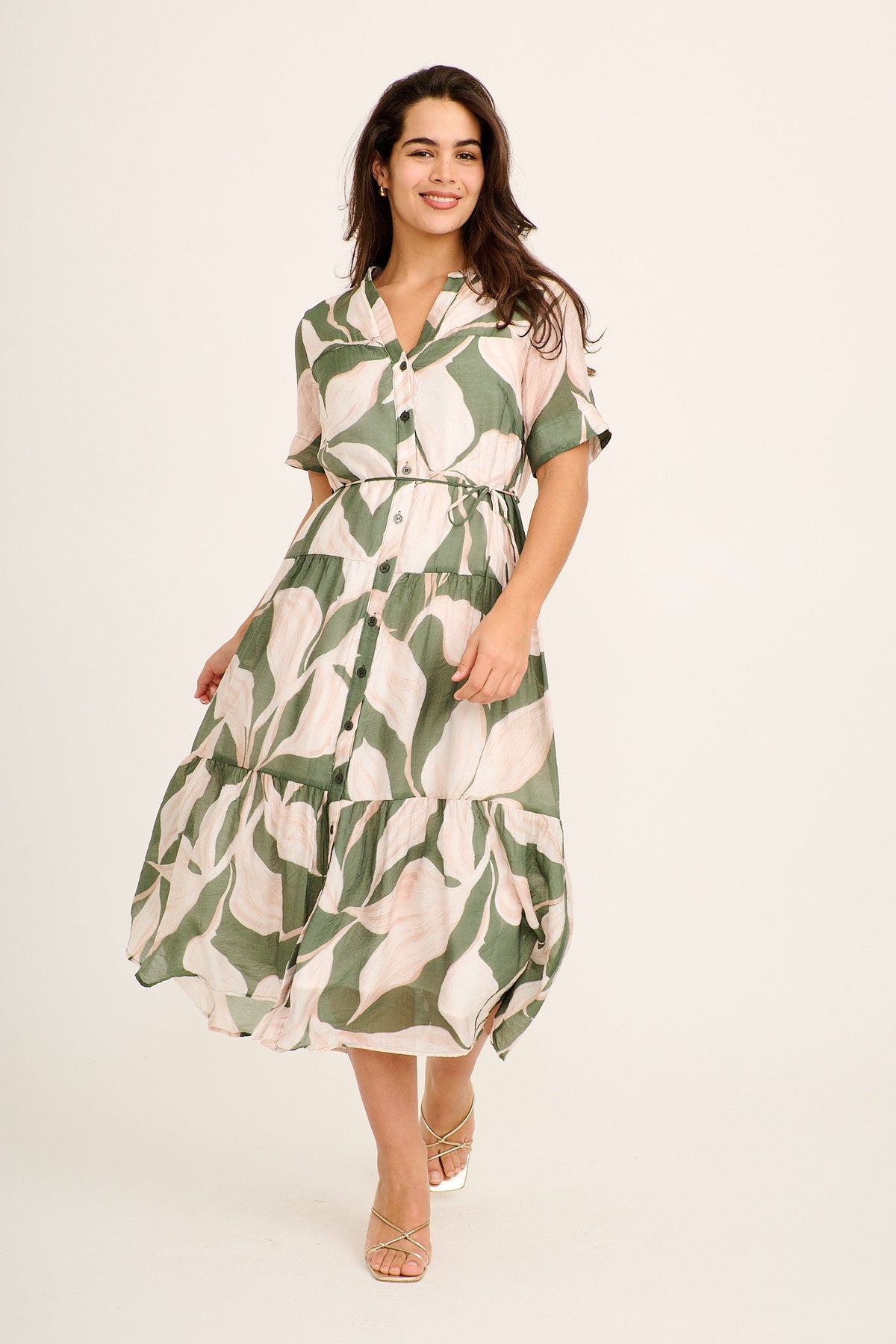 Cambria Midi Dress in Cream with Khaki Print
