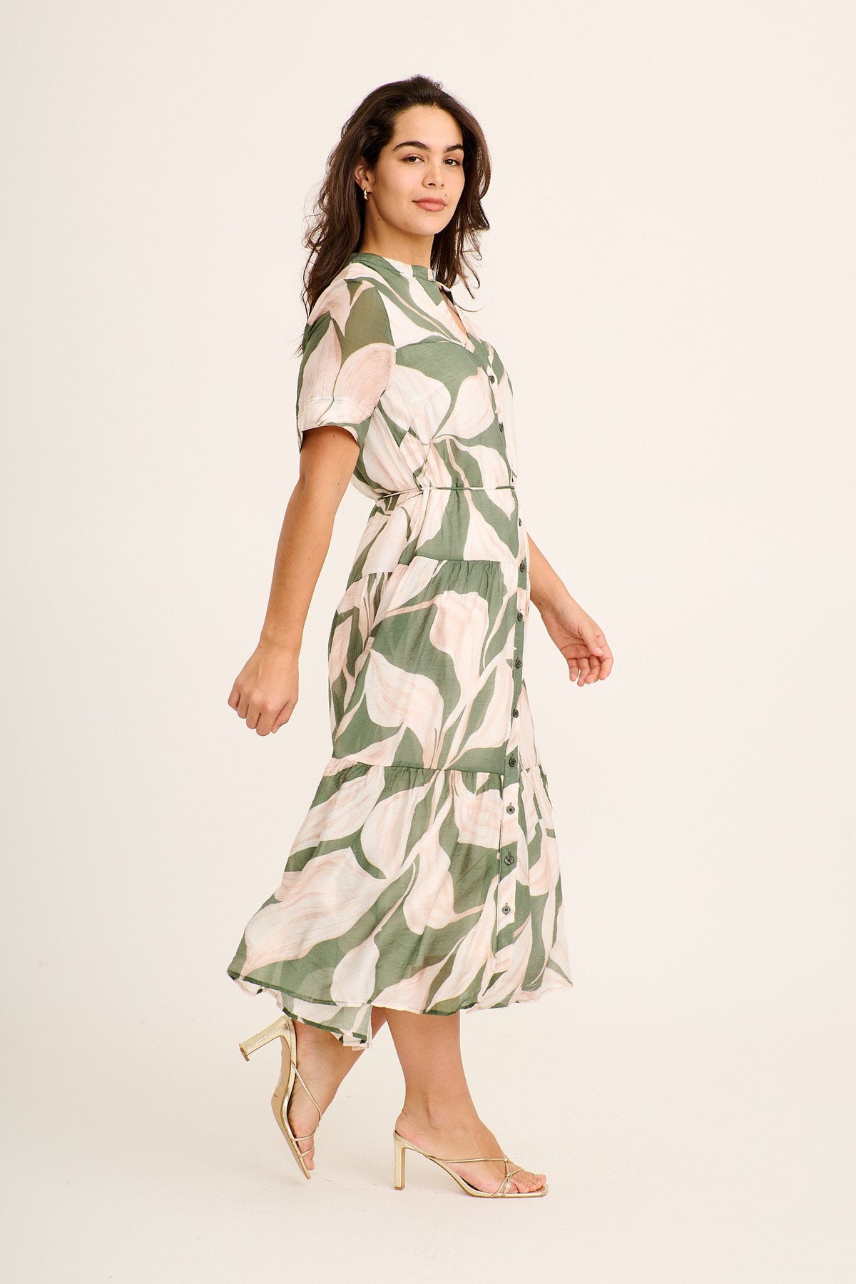 Cambria Midi Dress in Cream with Khaki Print