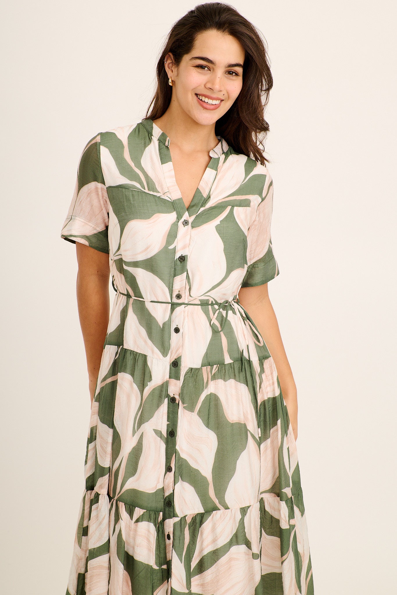 Cambria Midi Dress in Cream with Khaki Print