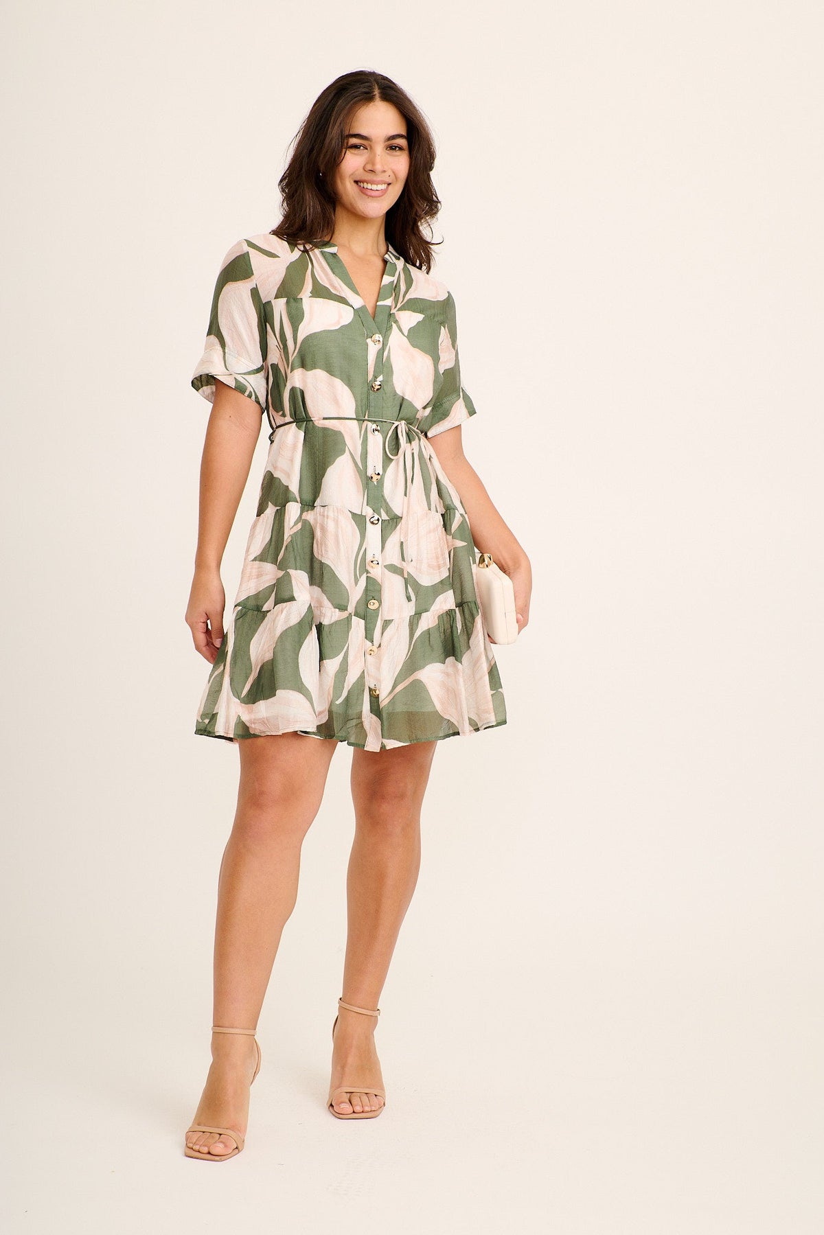 Ceyla Dress in Cream with Khaki Print