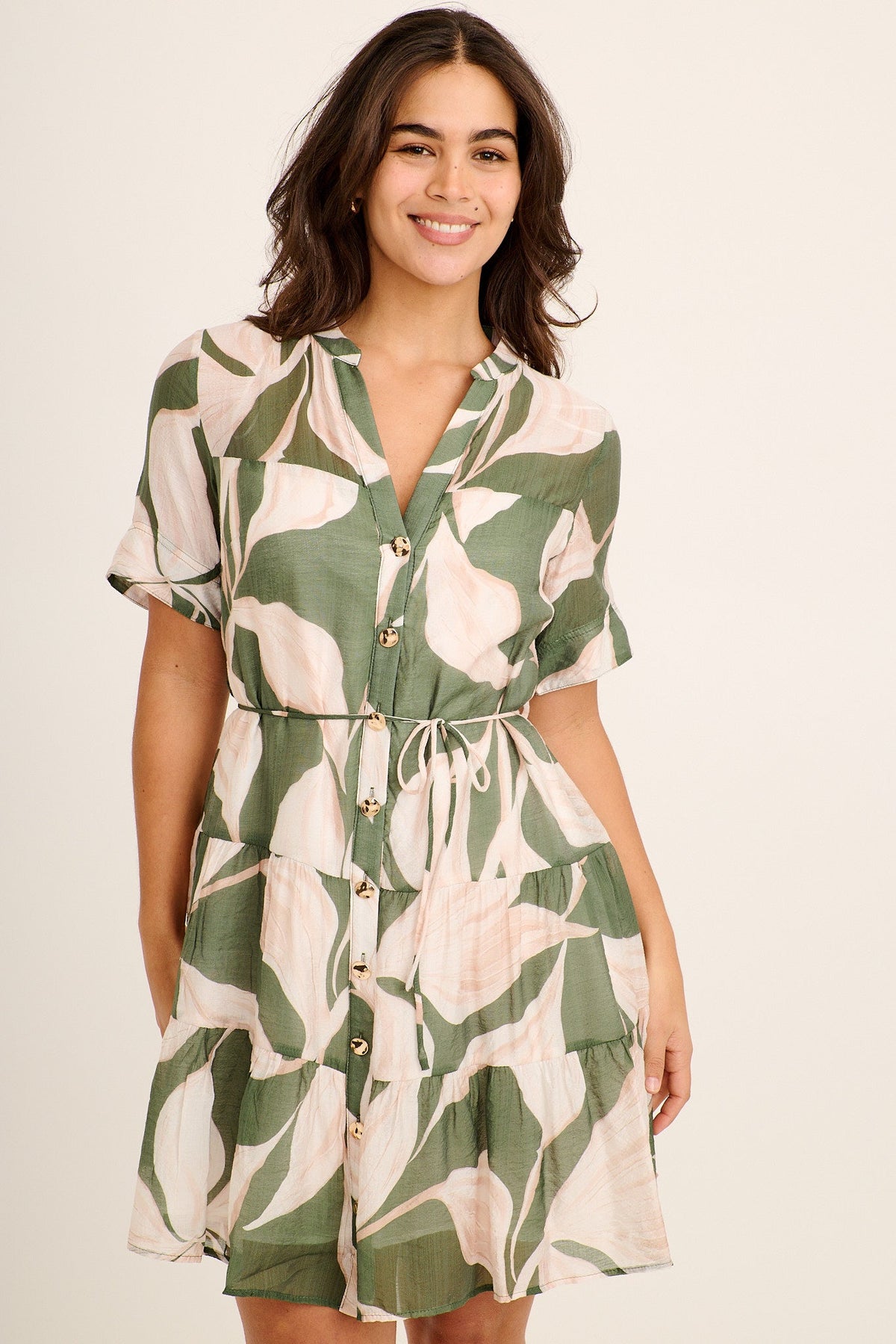Ceyla Dress in Cream with Khaki Print