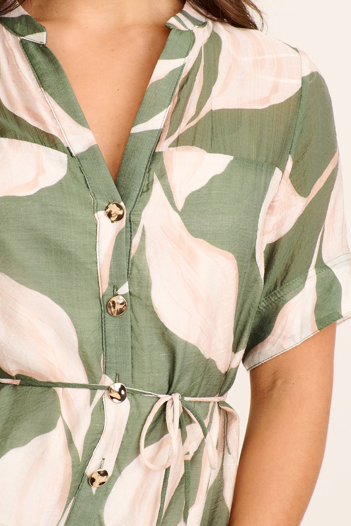 Ceyla Dress in Cream with Khaki Print