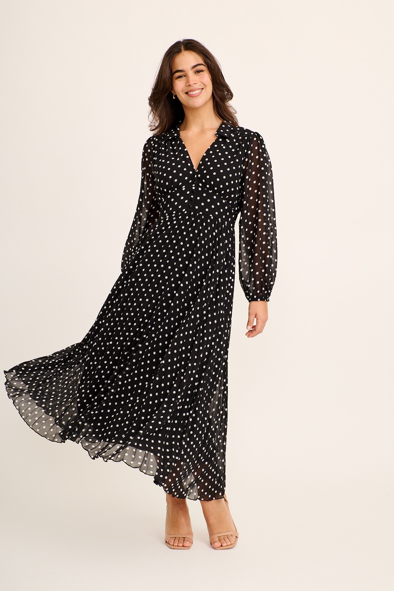 Carlo Midi Dress in Black and White Polka Dot Chiffon