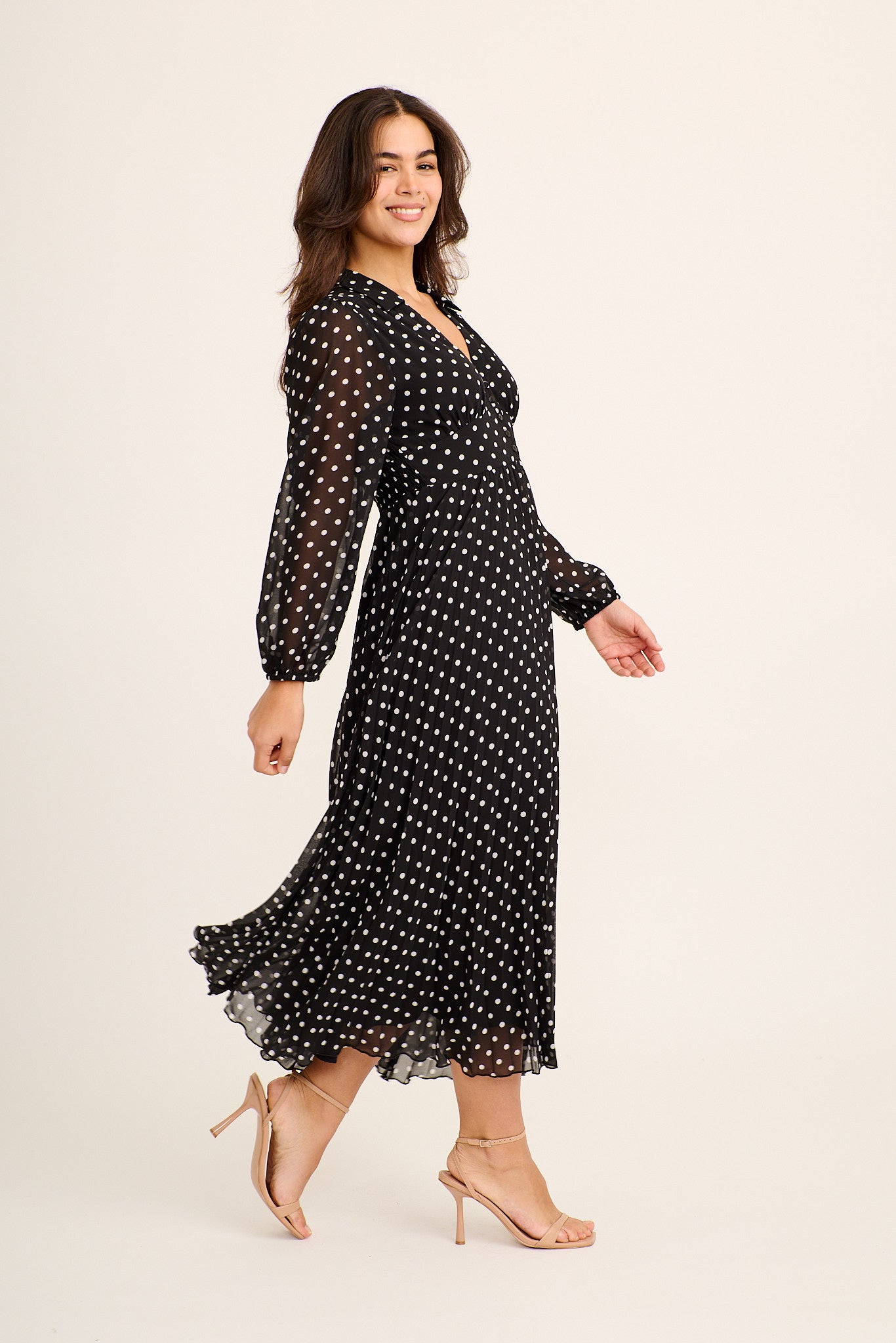 Carlo Midi Dress in Black and White Polka Dot Chiffon