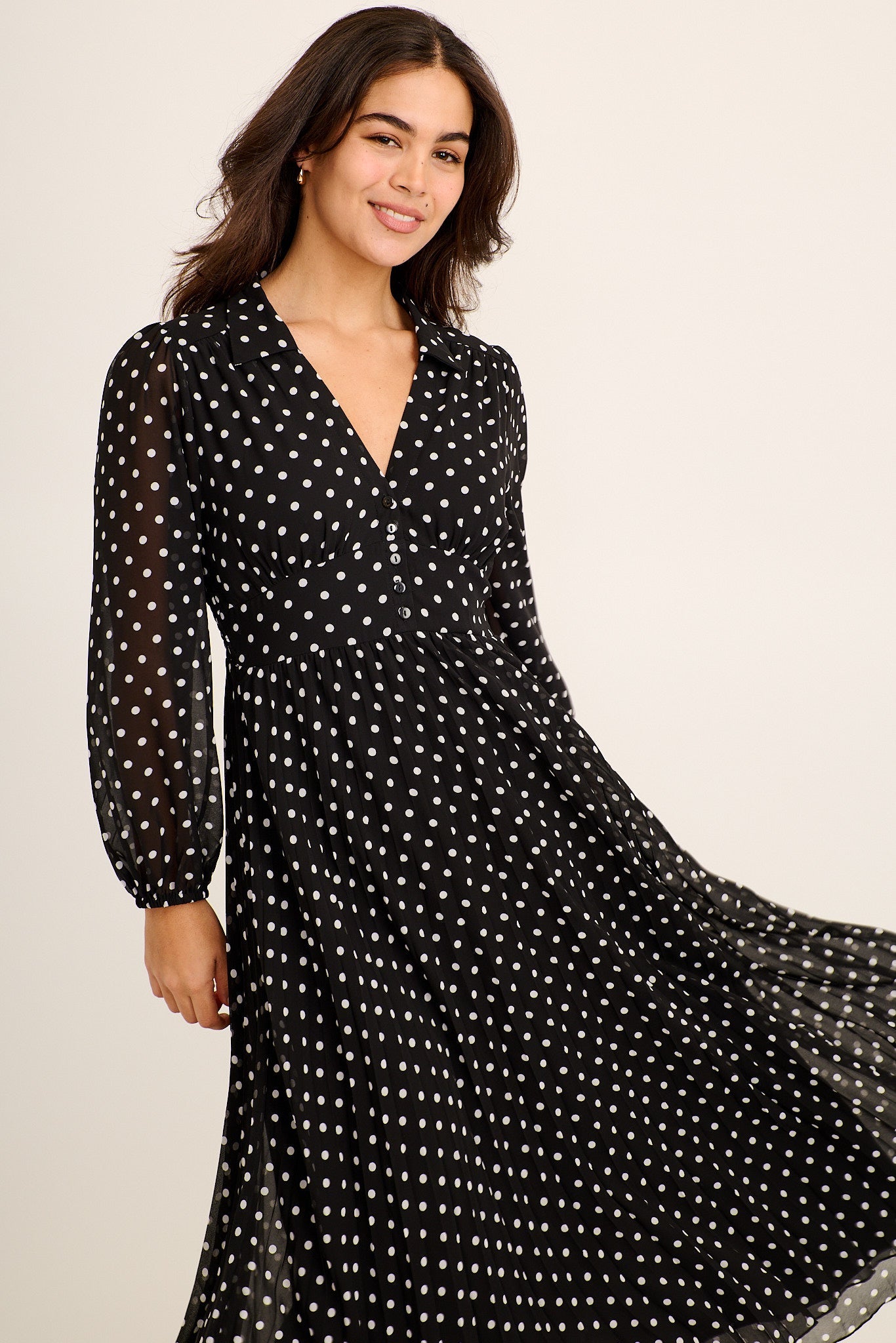Carlo Midi Dress in Black and White Polka Dot Chiffon