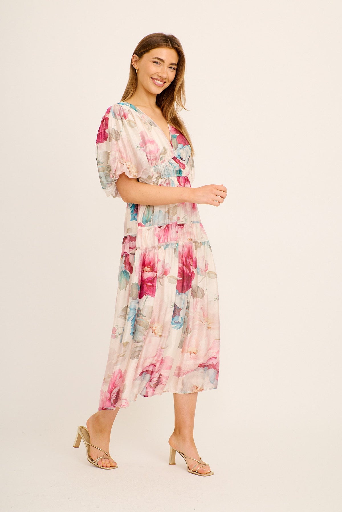 Amalie Midi Dress In Cream with Pink Floral