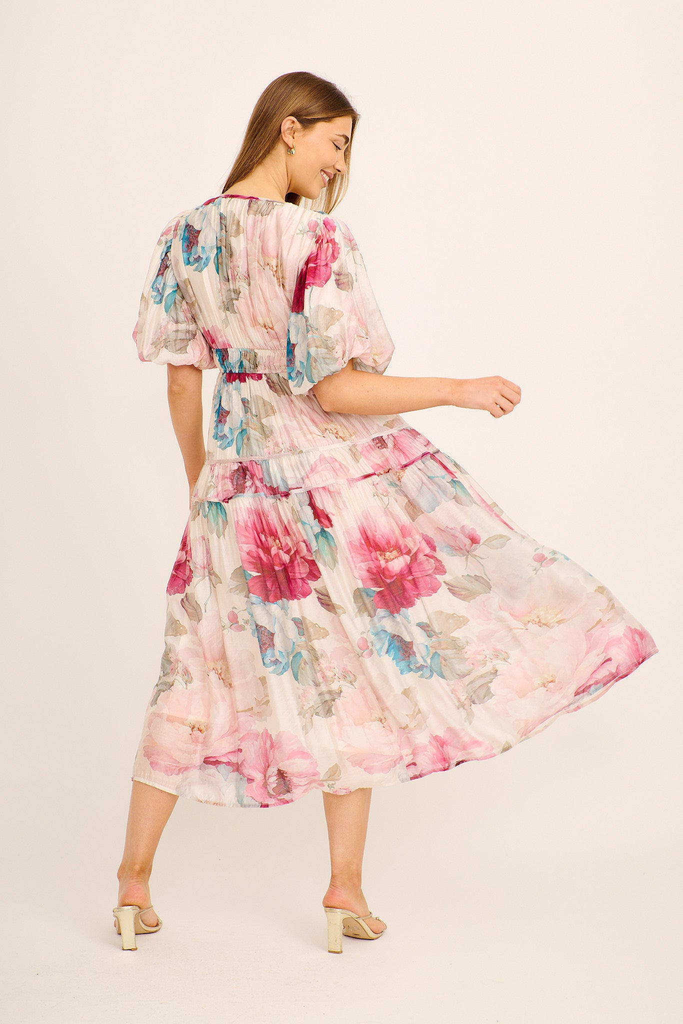 Amalie Midi Dress In Cream with Pink Floral