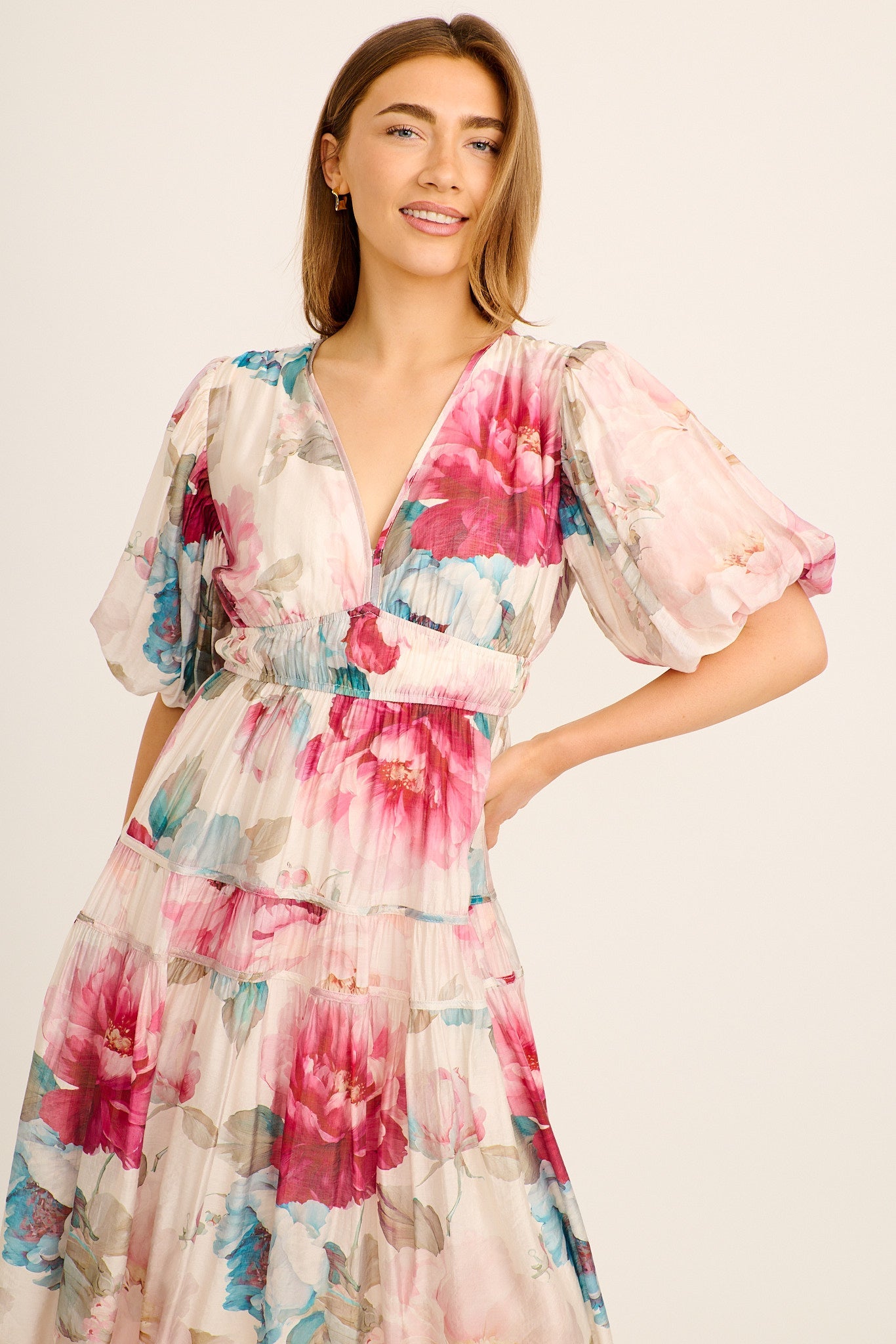 Amalie Midi Dress In Cream with Pink Floral
