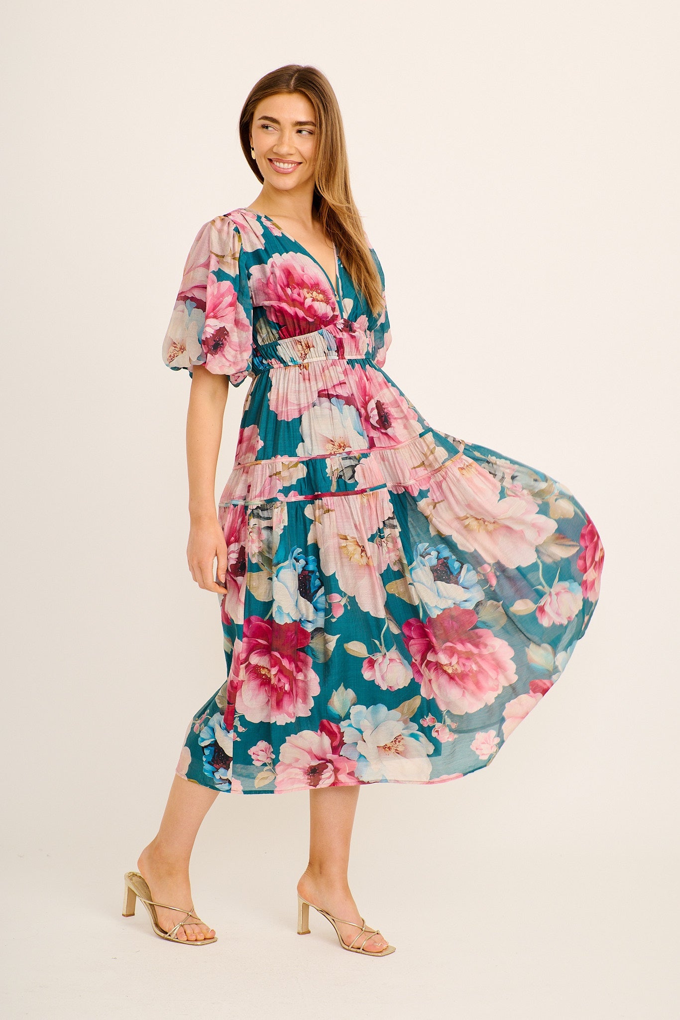 Amalie Midi Dress In Teal with Pink Floral