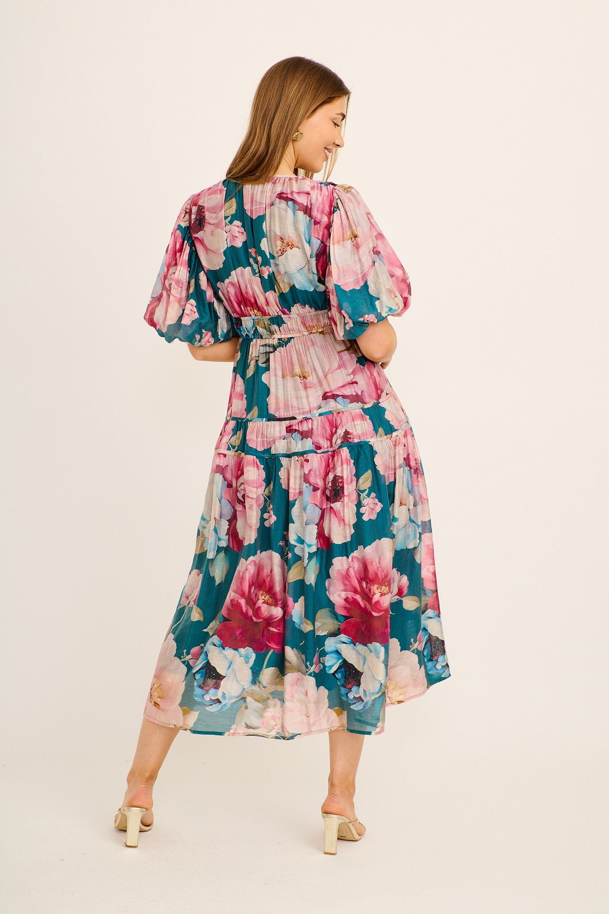 Amalie Midi Dress In Teal with Pink Floral