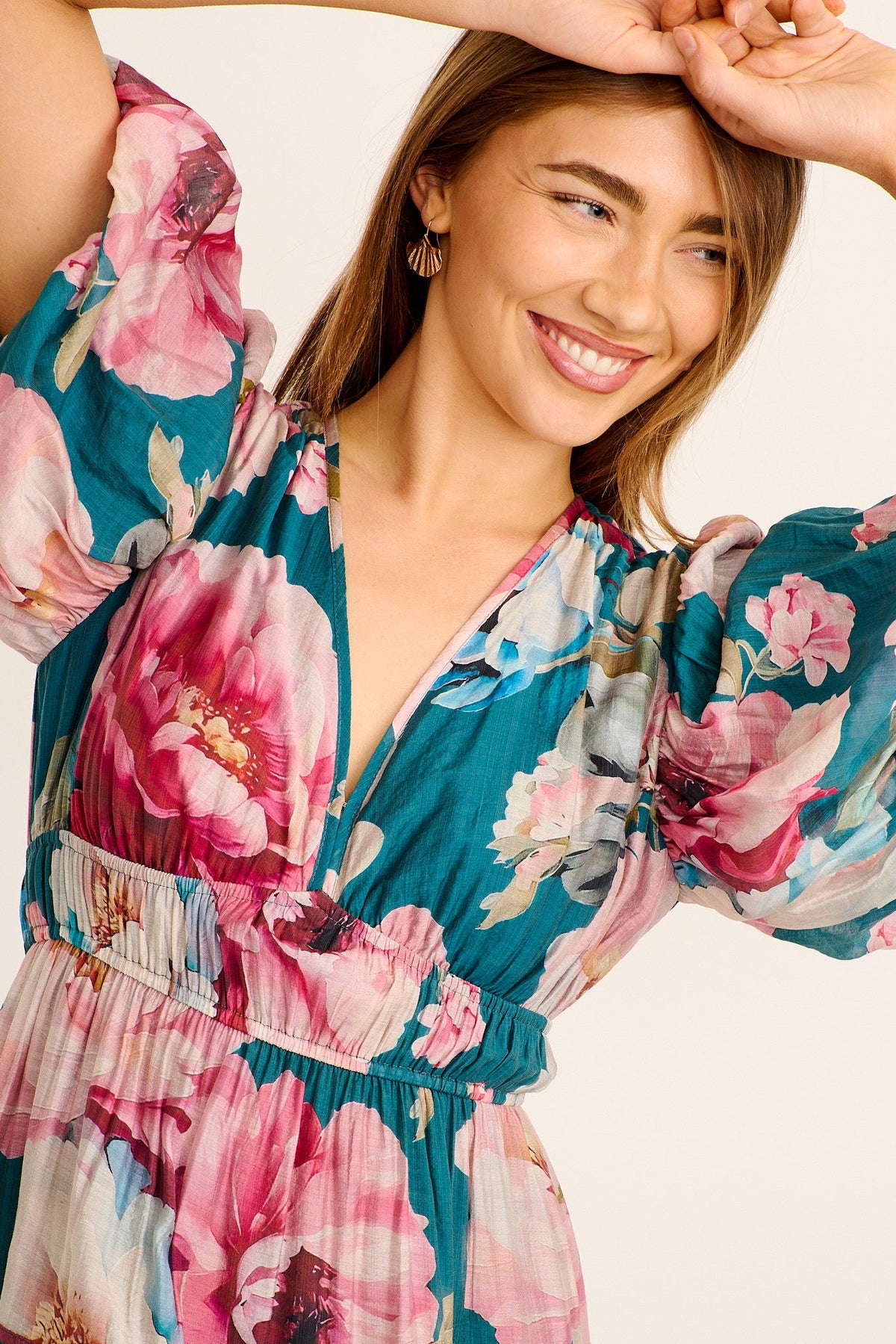 Amalie Midi Dress In Teal with Pink Floral