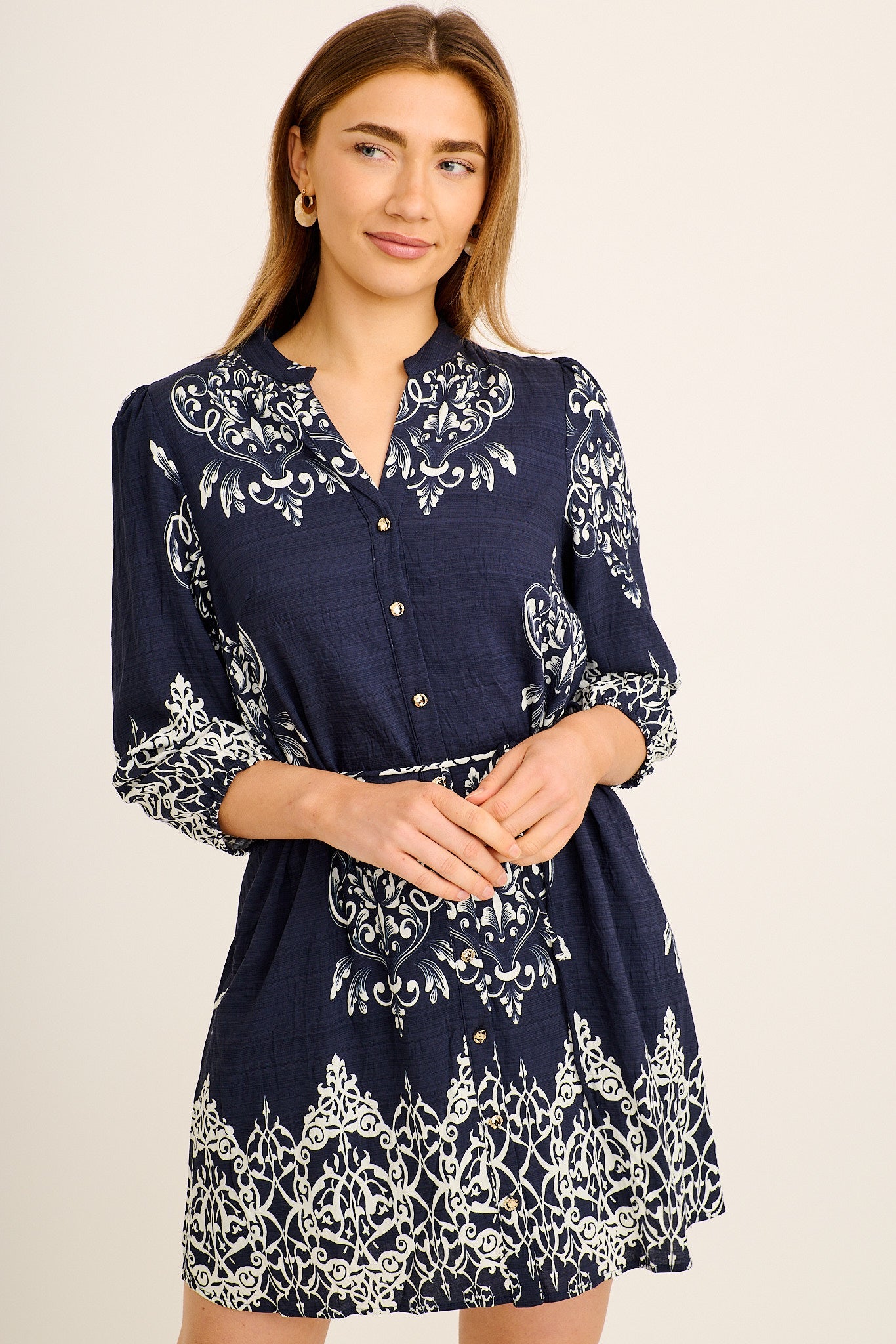 Ambar Dress in Navy with White Placement Print