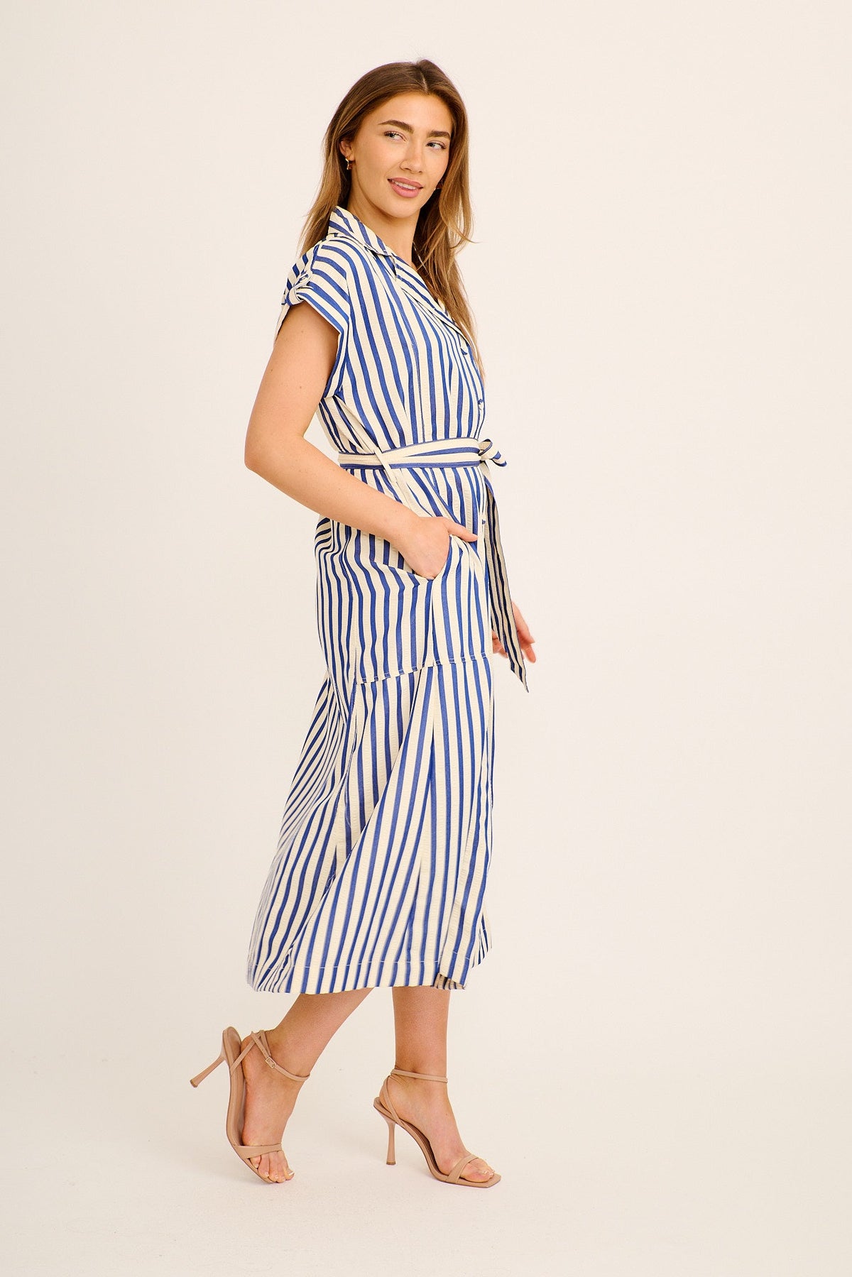 Arcadia Maxi Shirt Dress in Navy Stripe