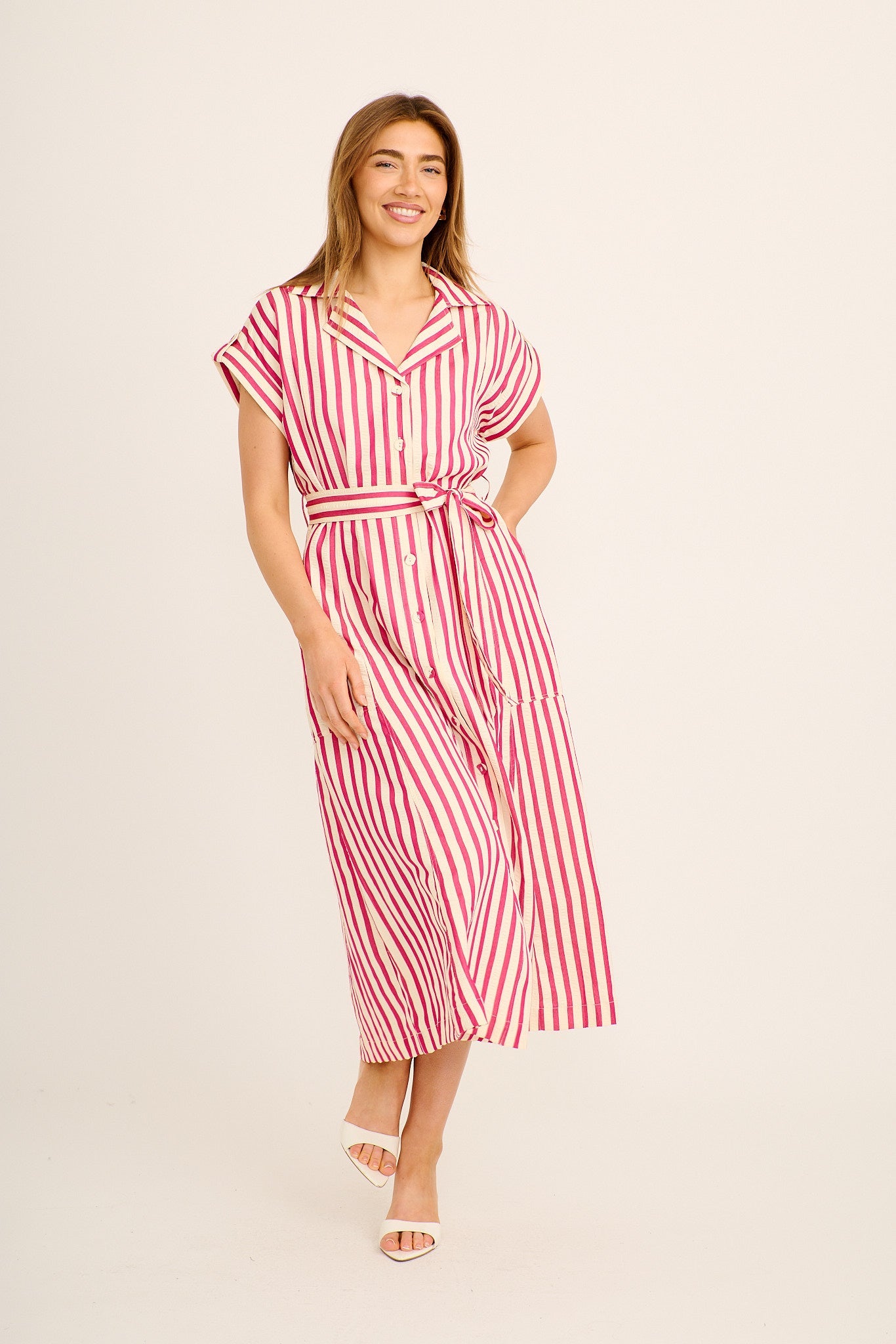 Arcadia Maxi Shirt Dress in Pink Stripe