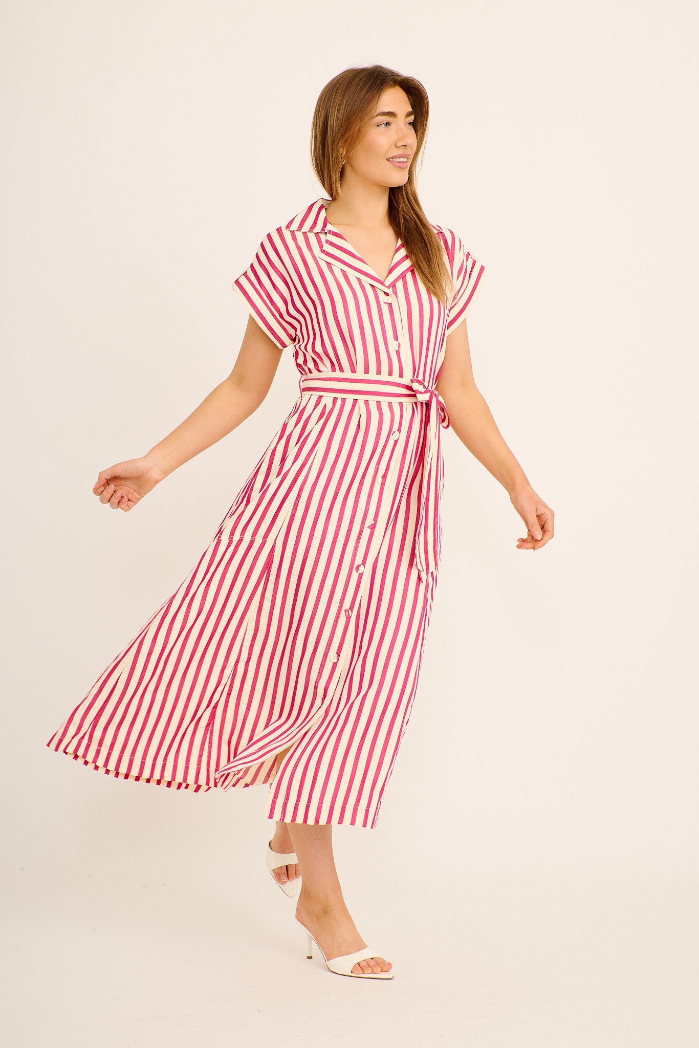 Arcadia Maxi Shirt Dress in Pink Stripe