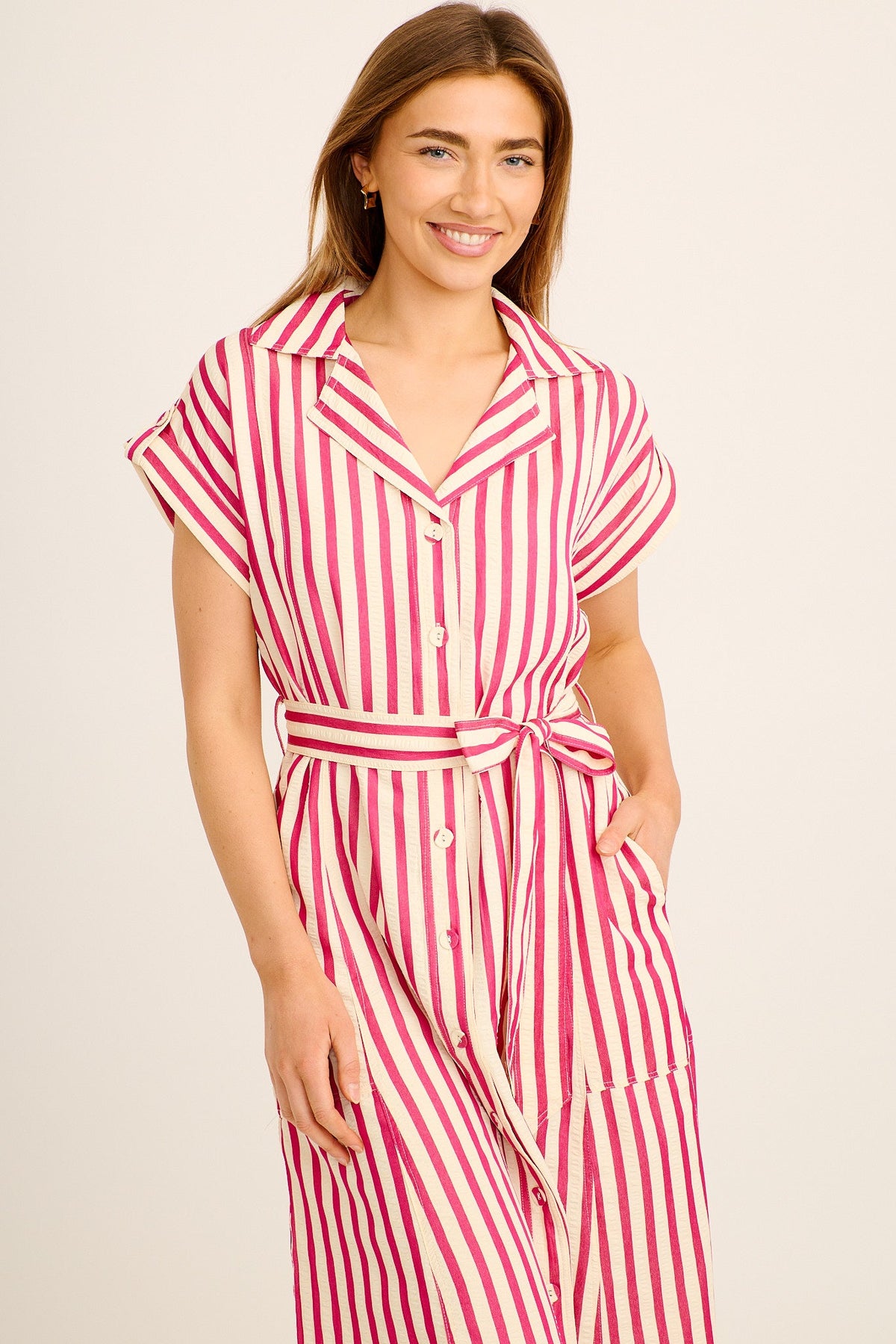 Arcadia Maxi Shirt Dress in Pink Stripe