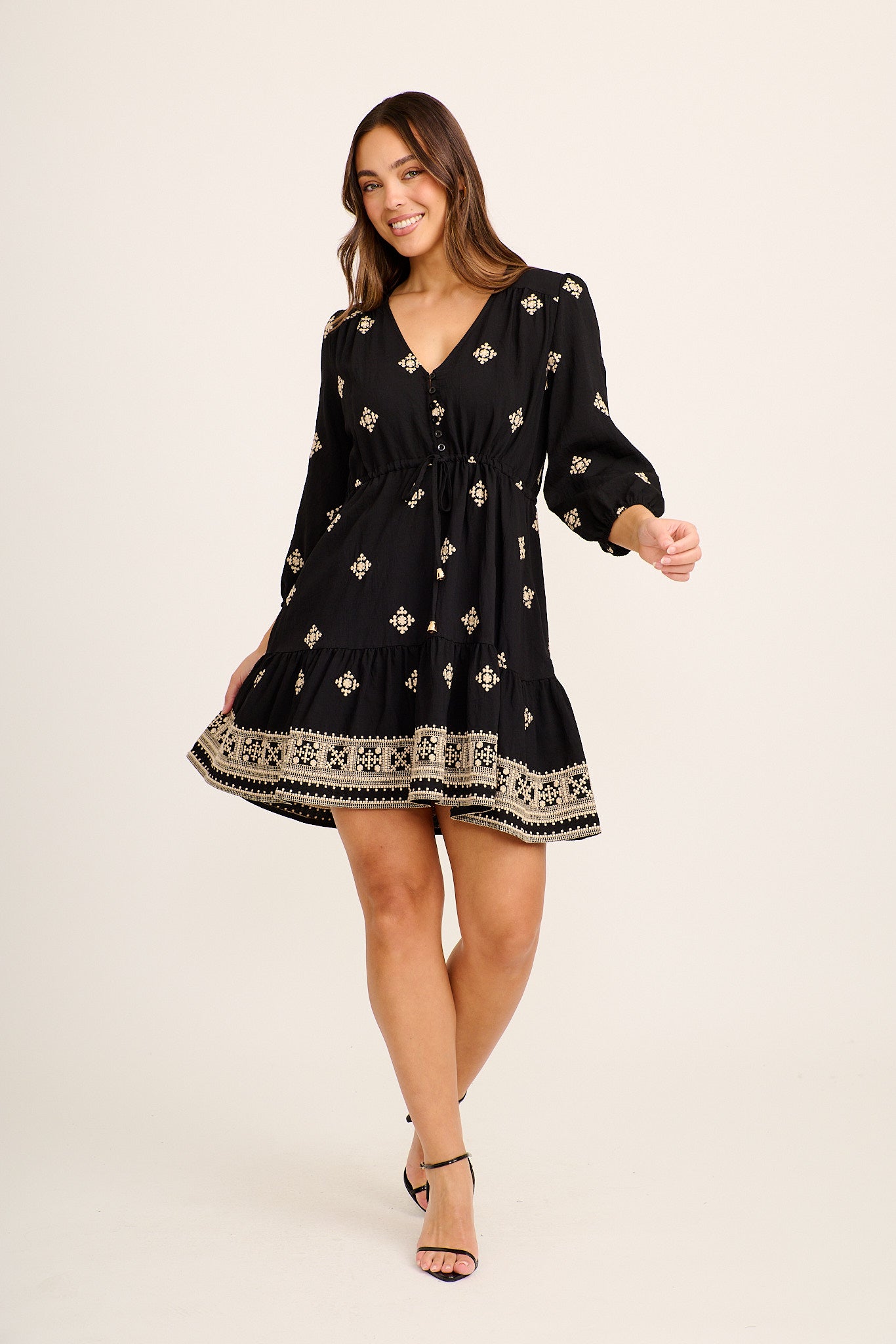 Byron Dress in Black with Cream Embroidery