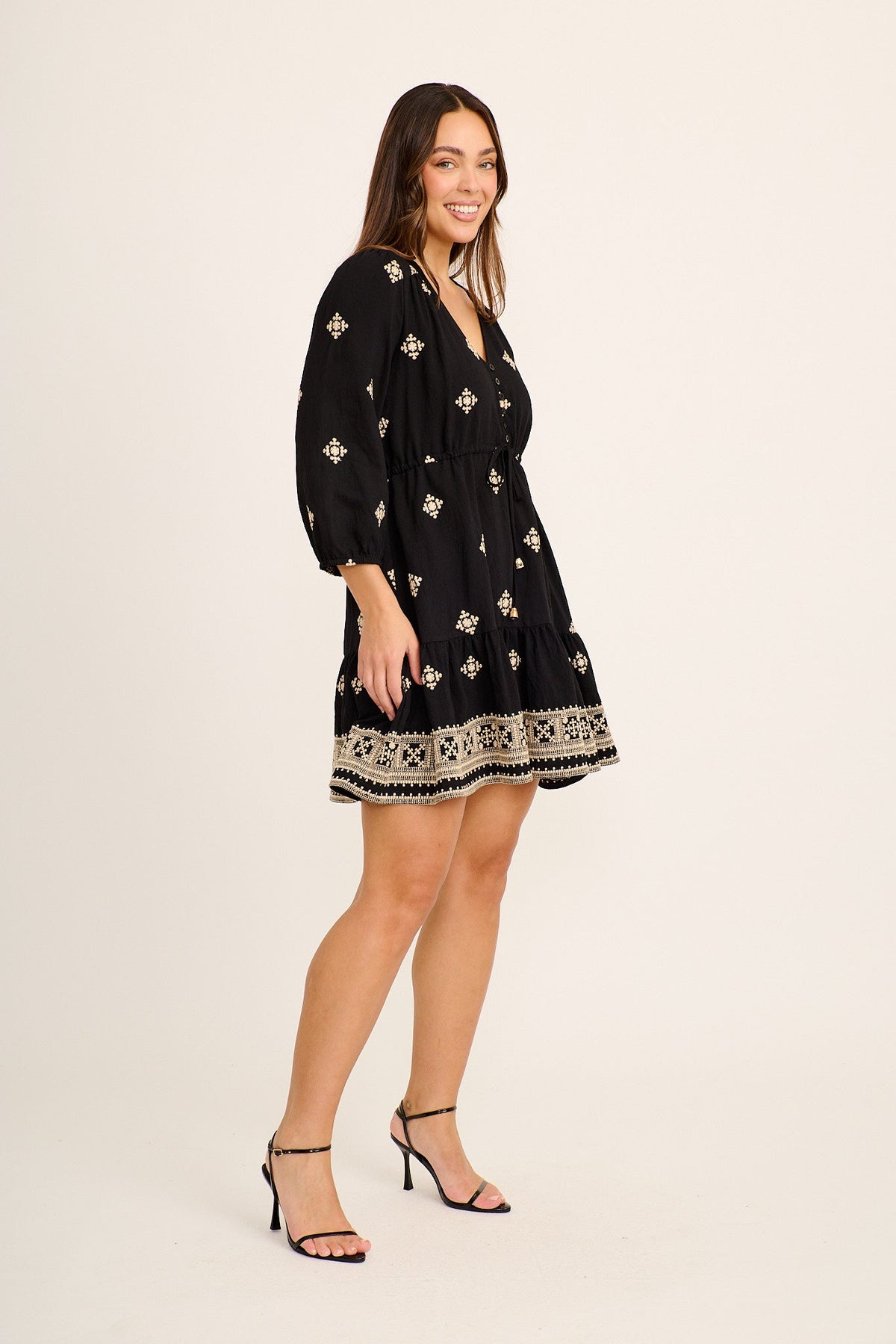 Byron Dress in Black with Cream Embroidery