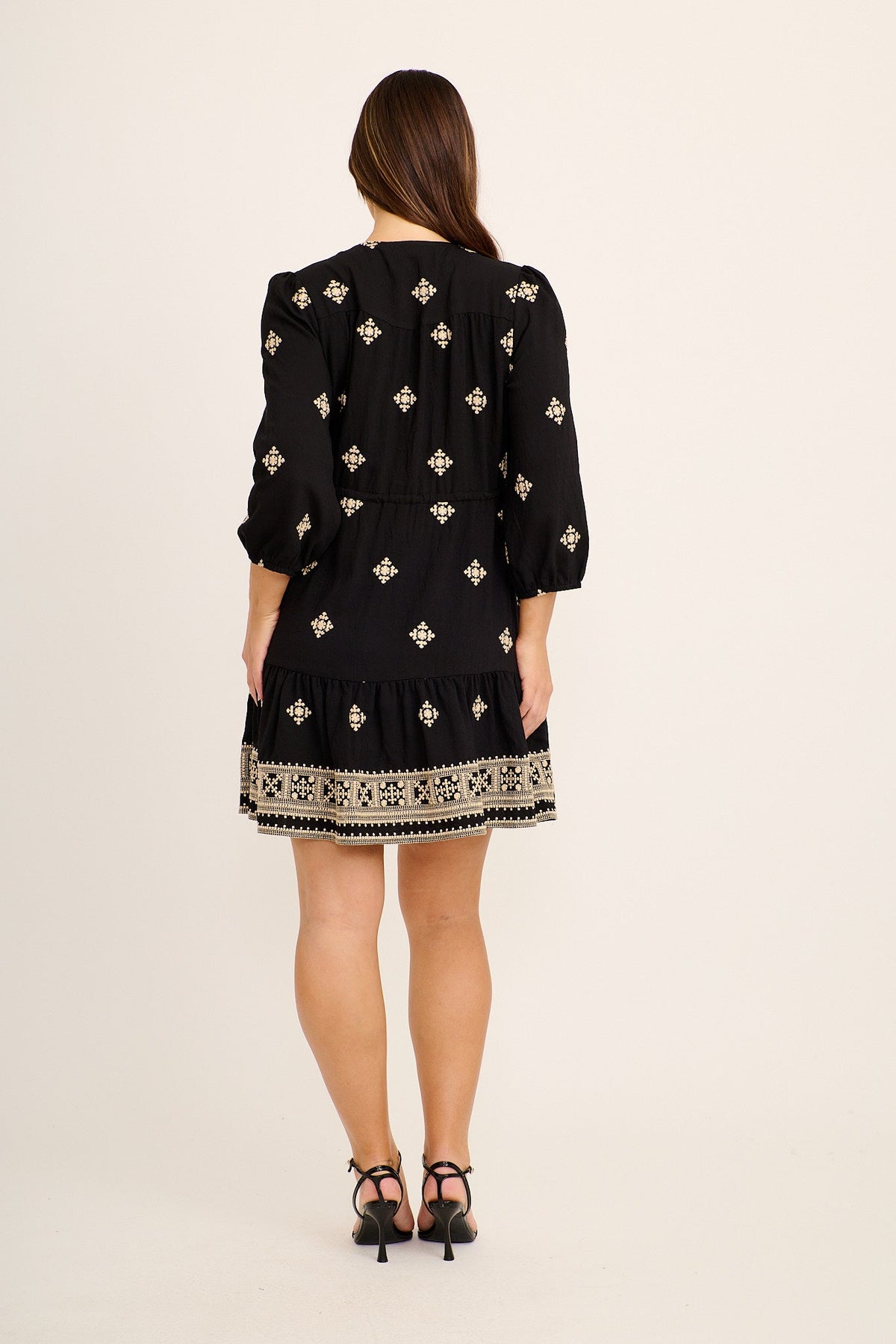 Byron Dress in Black with Cream Embroidery