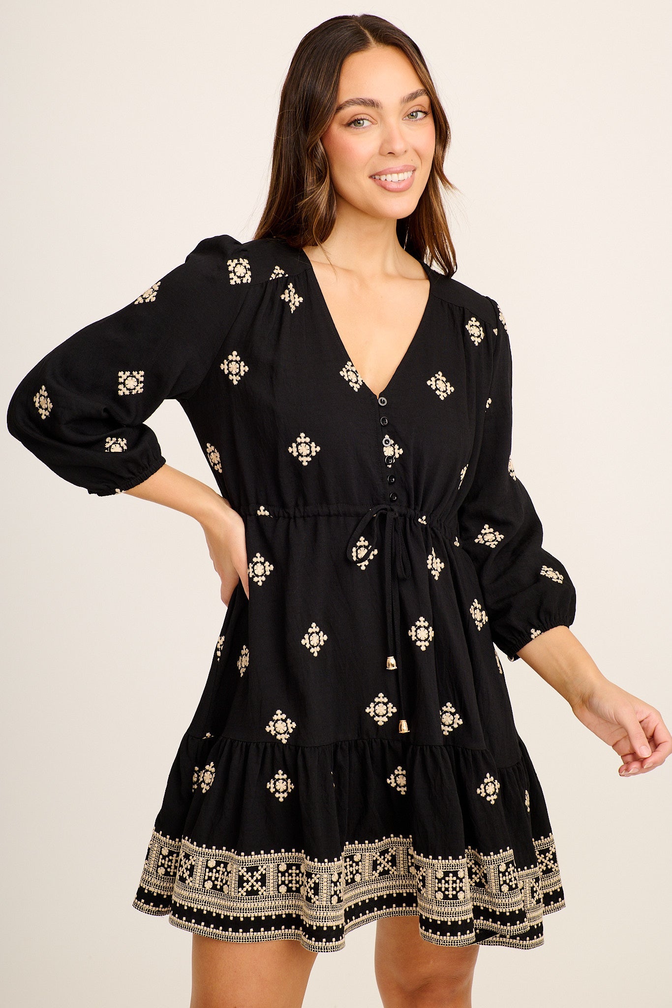Byron Dress in Black with Cream Embroidery