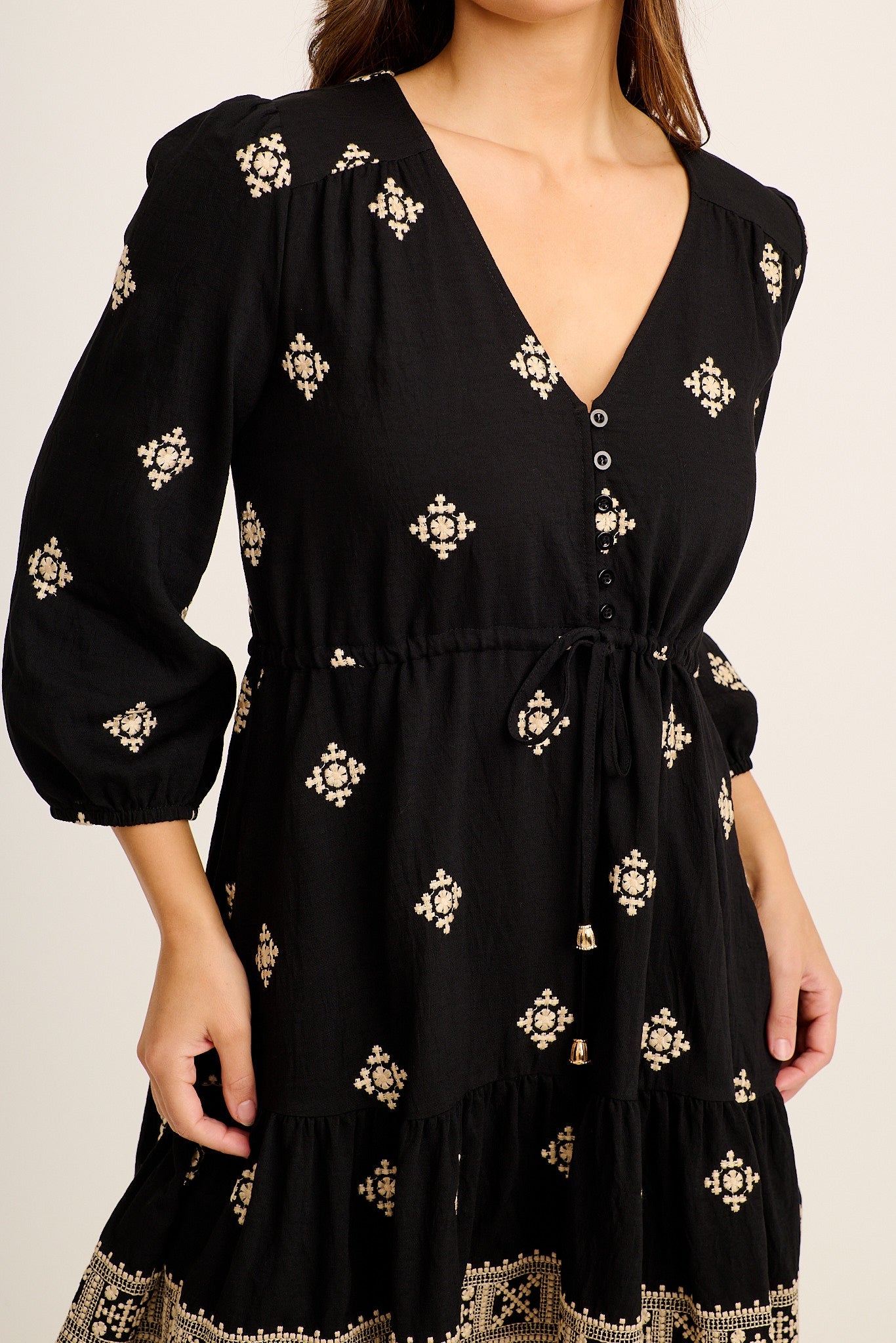 Byron Dress in Black with Cream Embroidery