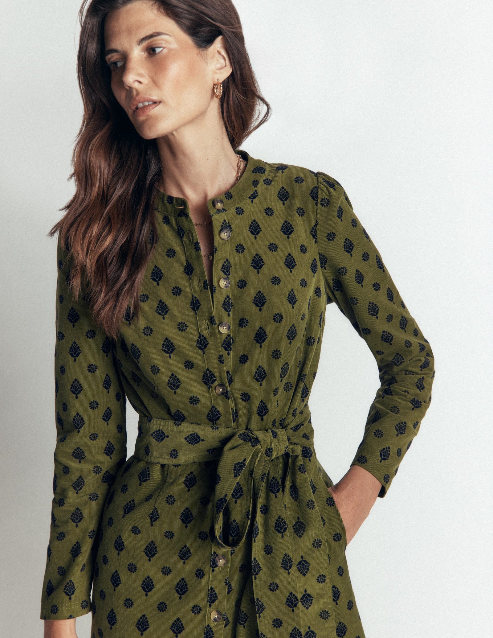 Louise Cord Midi Shirt Dress-Olive, Ornate Gardenia Stamp