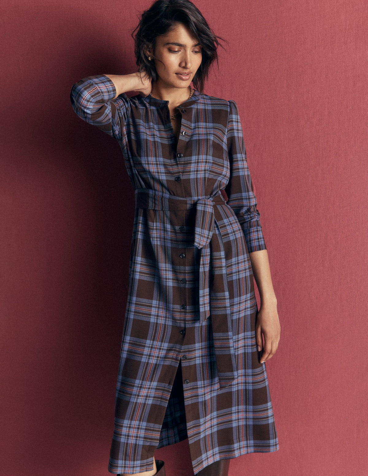 Louise Check Midi Shirt Dress-Brown, Blue and Pink Check