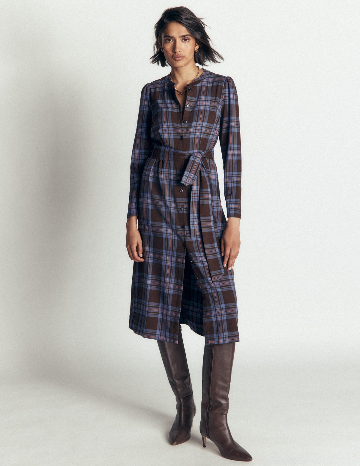 Louise Check Midi Shirt Dress-Brown, Blue and Pink Check
