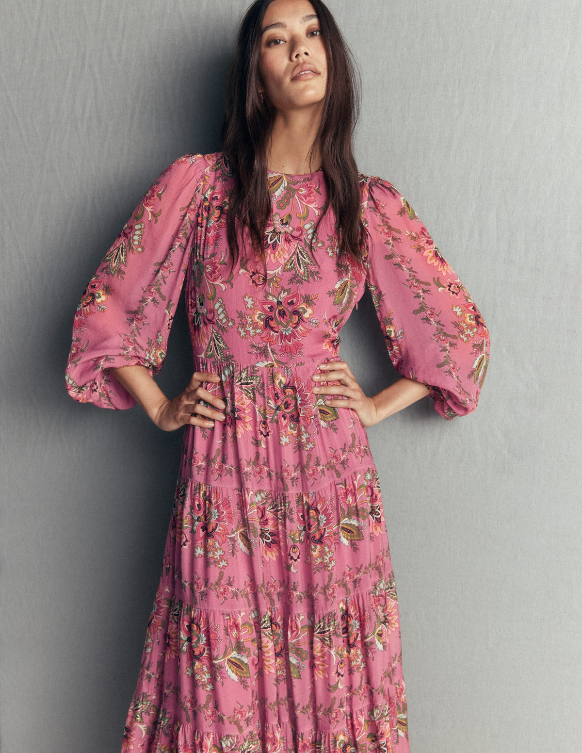 Multi Tiered Maxi Dress-Pink Heather, Frosted Flora