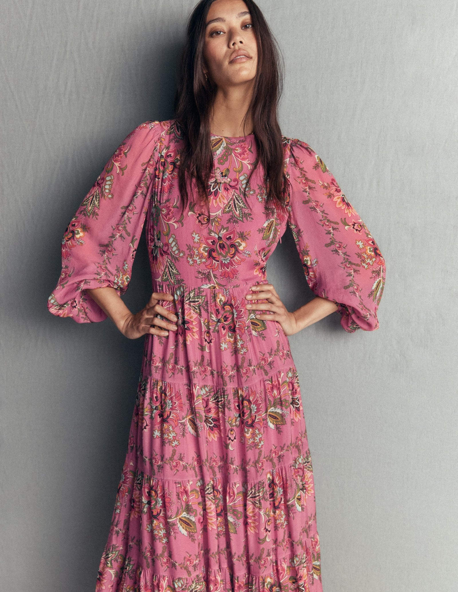 Multi Tiered Maxi Dress-Pink Heather, Frosted Flora