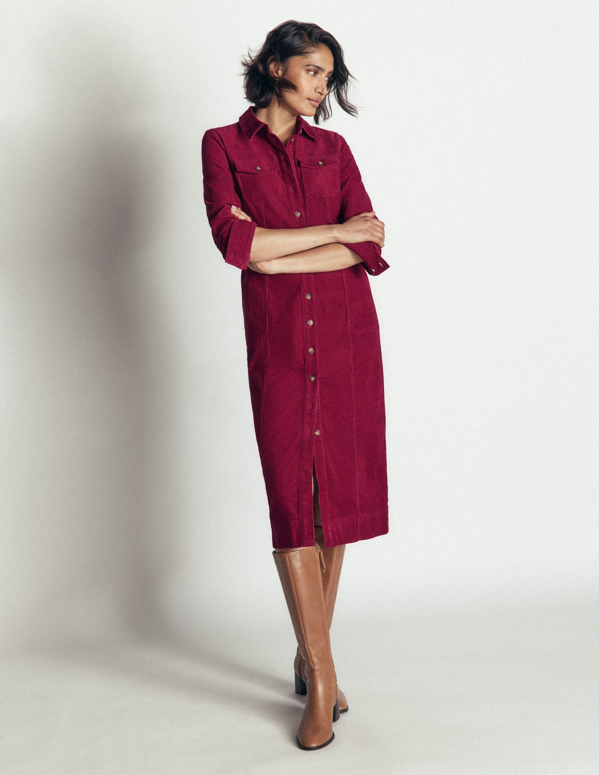 Fleur Cord Midi Dress-Ruby Red