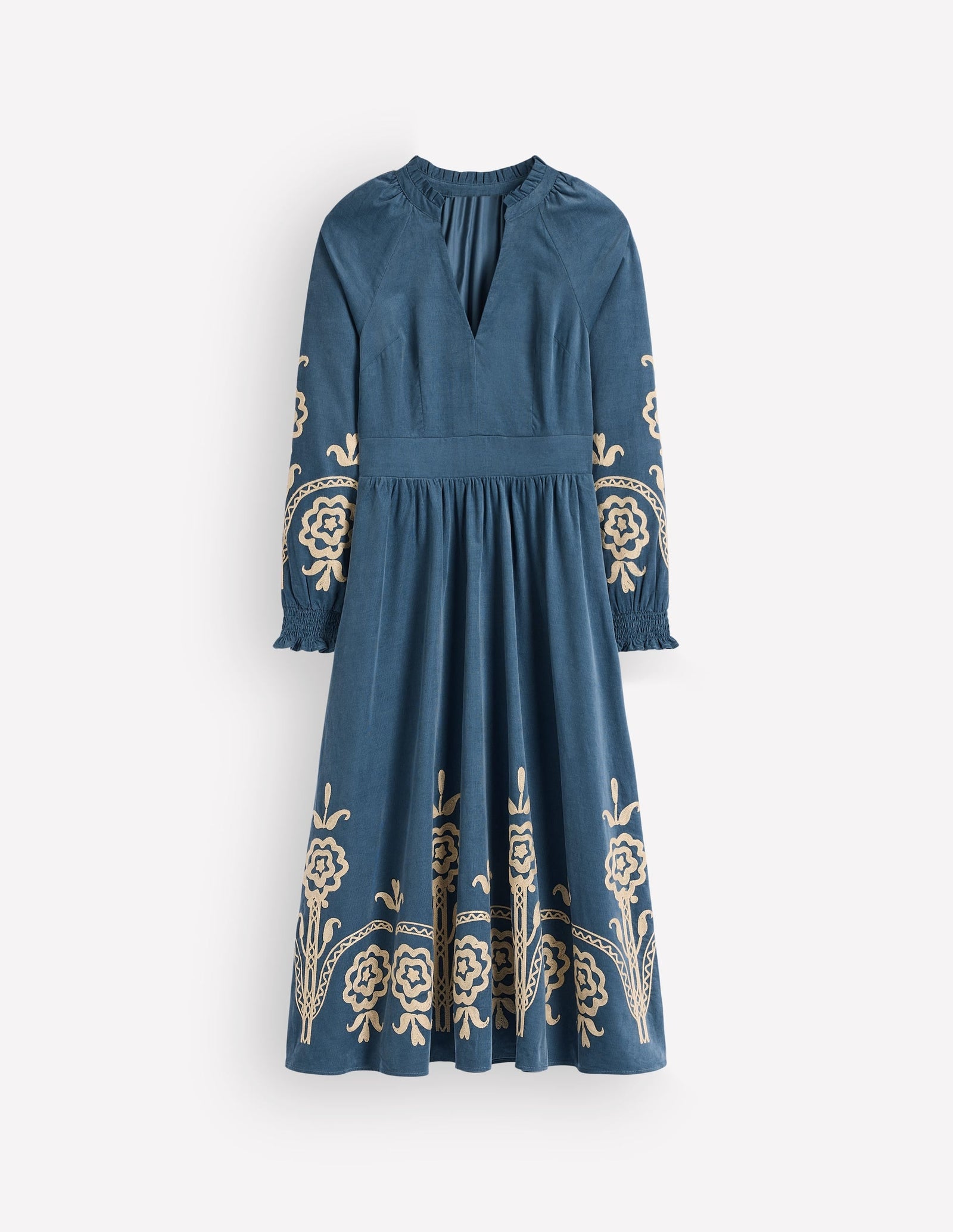 Smocked Cord Midi Dress-Storm Blue, Embroidery