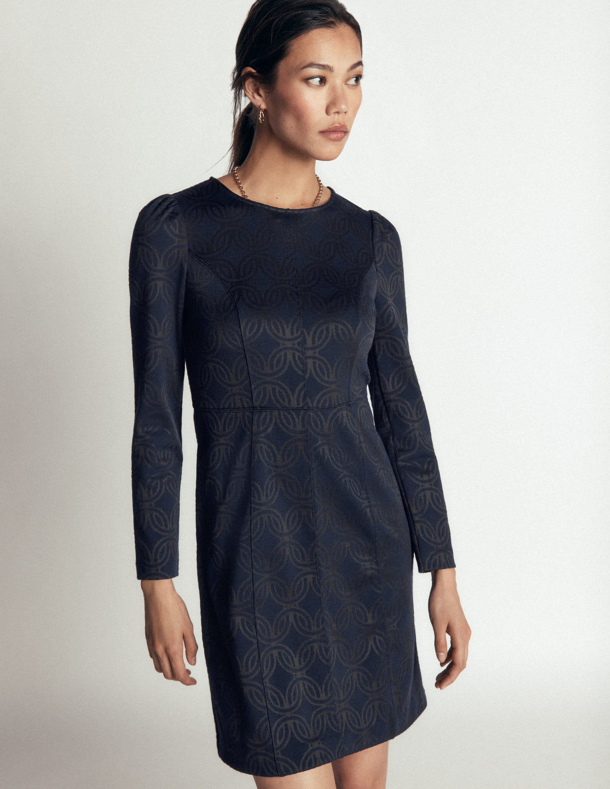 Marla Seamed Ottoman Dress-Navy and Forest Glade Jacquard
