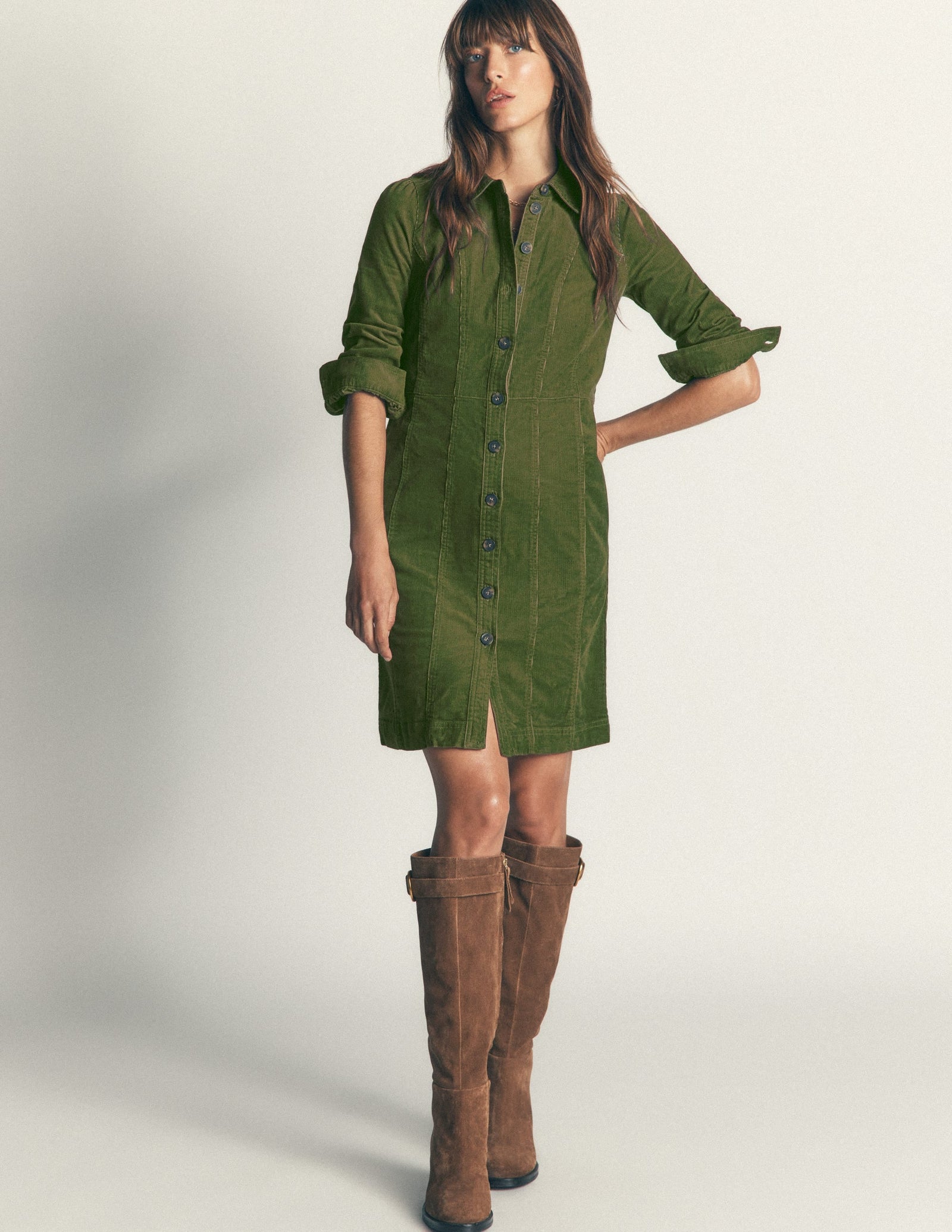 Rhoda Cord Short Dress-Forest Green