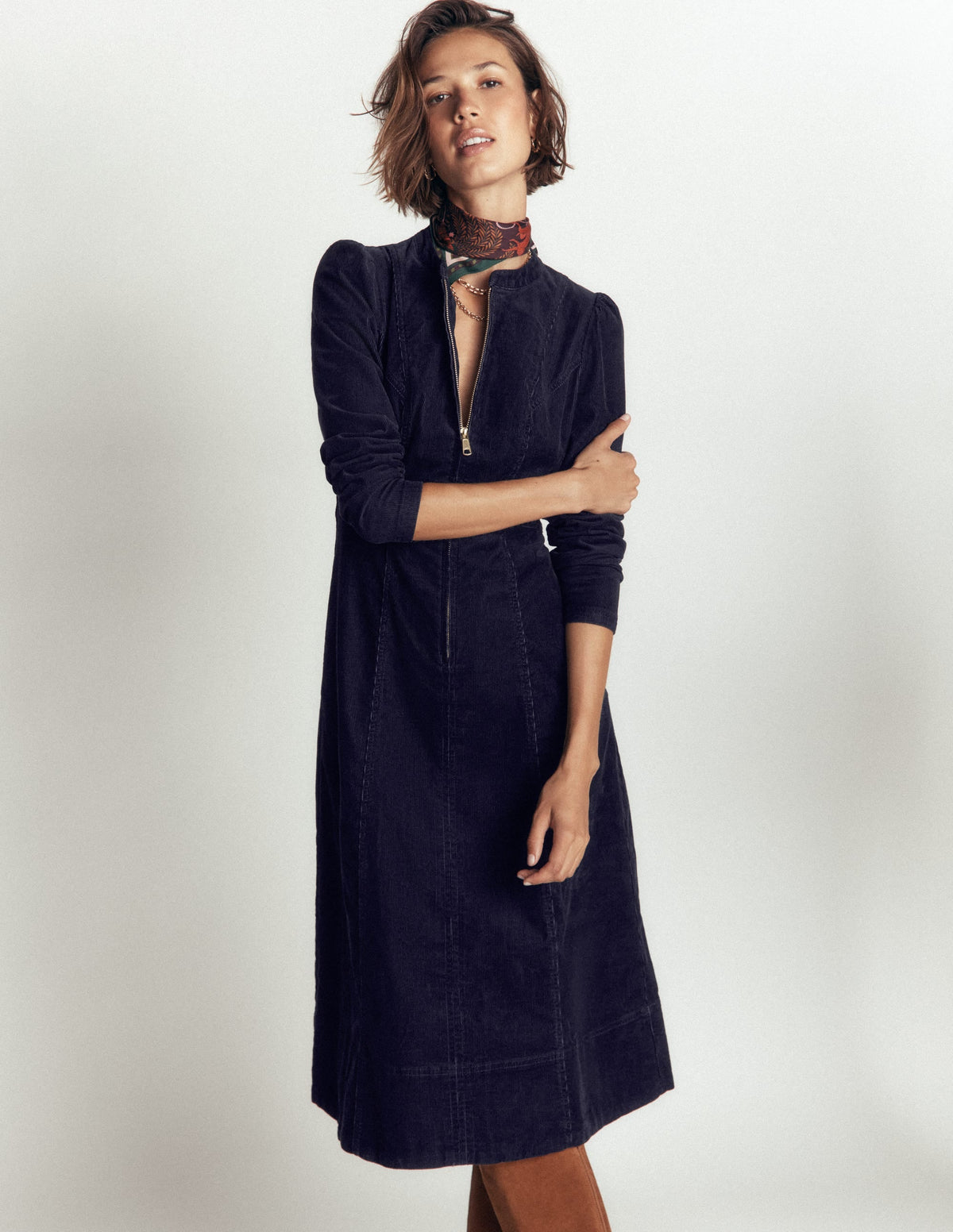 Una Cord Midi Dress-Navy