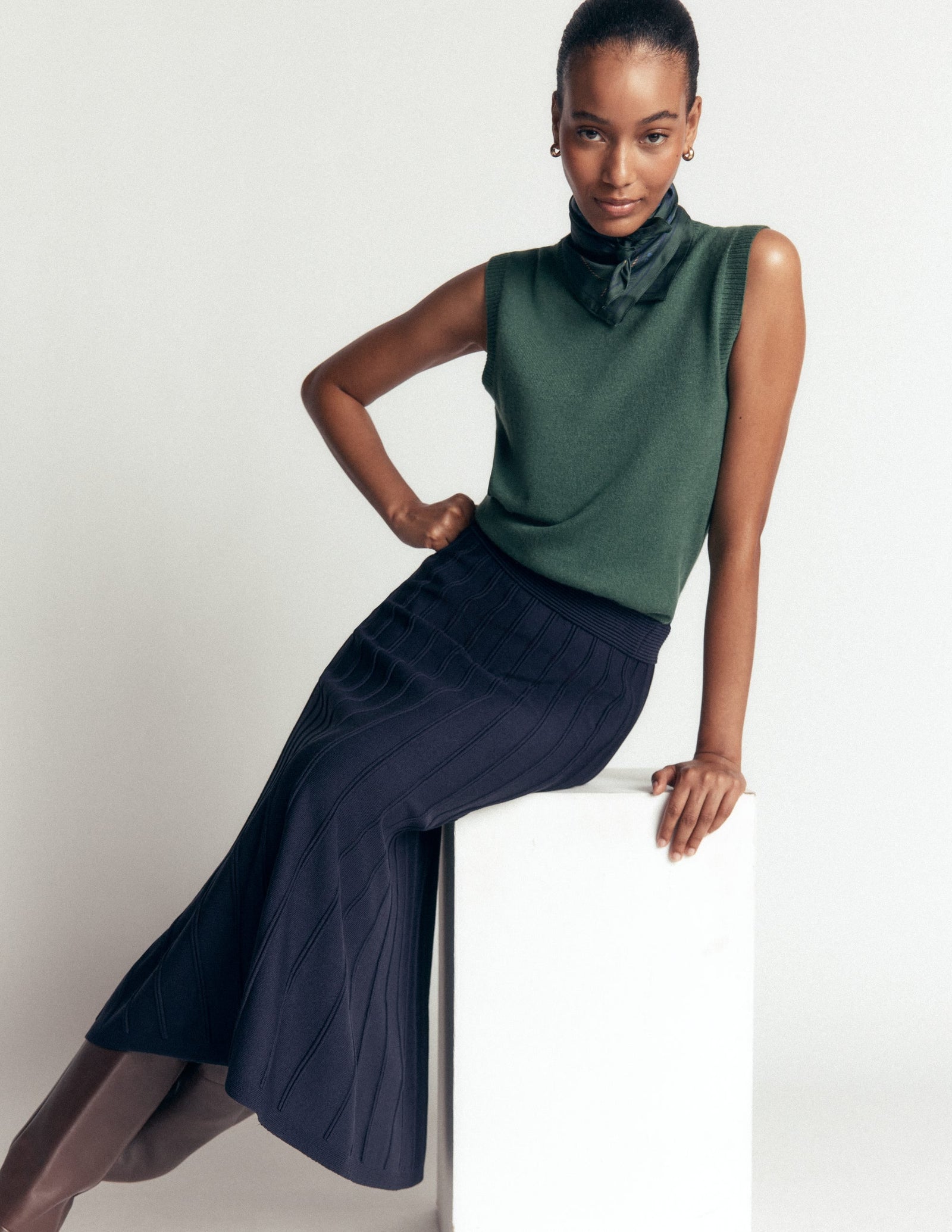 Ottoman Knitted Midi Skirt-Navy