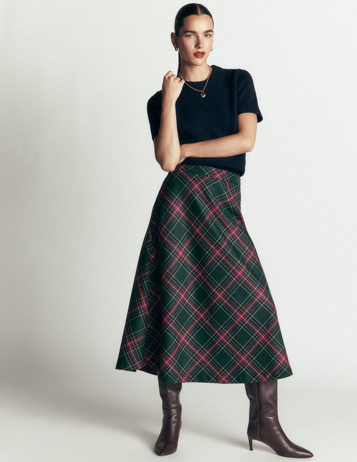Wool Blend Slip Skirt-Green Check